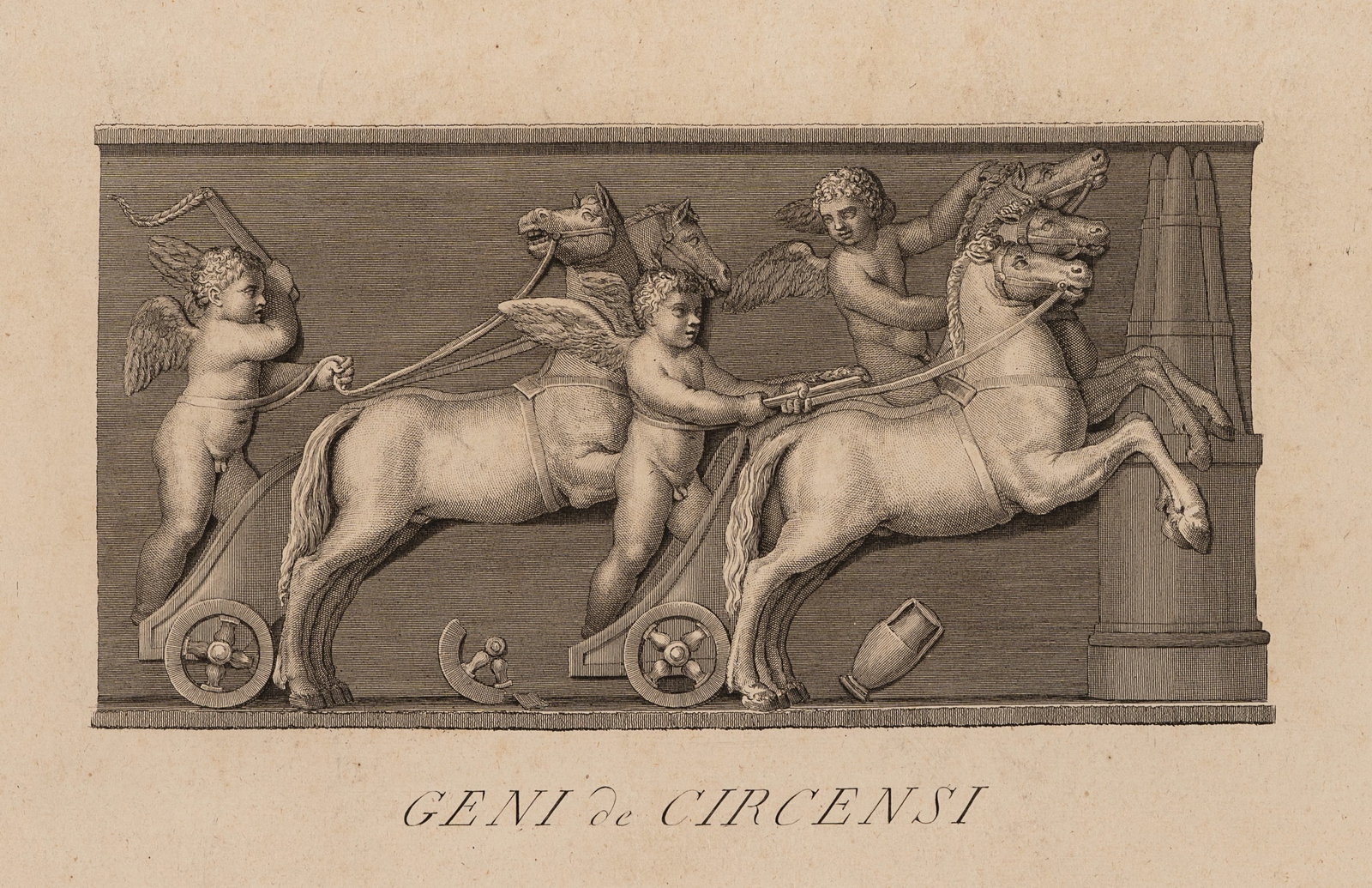 Unknown (19th), Charioteers and winged figures, around 1805, Etching: Unknown (19th century): Charioteers and winged figures Winged figures pull ancient chariots in a race, c. 1805, Etching Technique: Etching on Paper Inscription: At the lower part signed in the printin