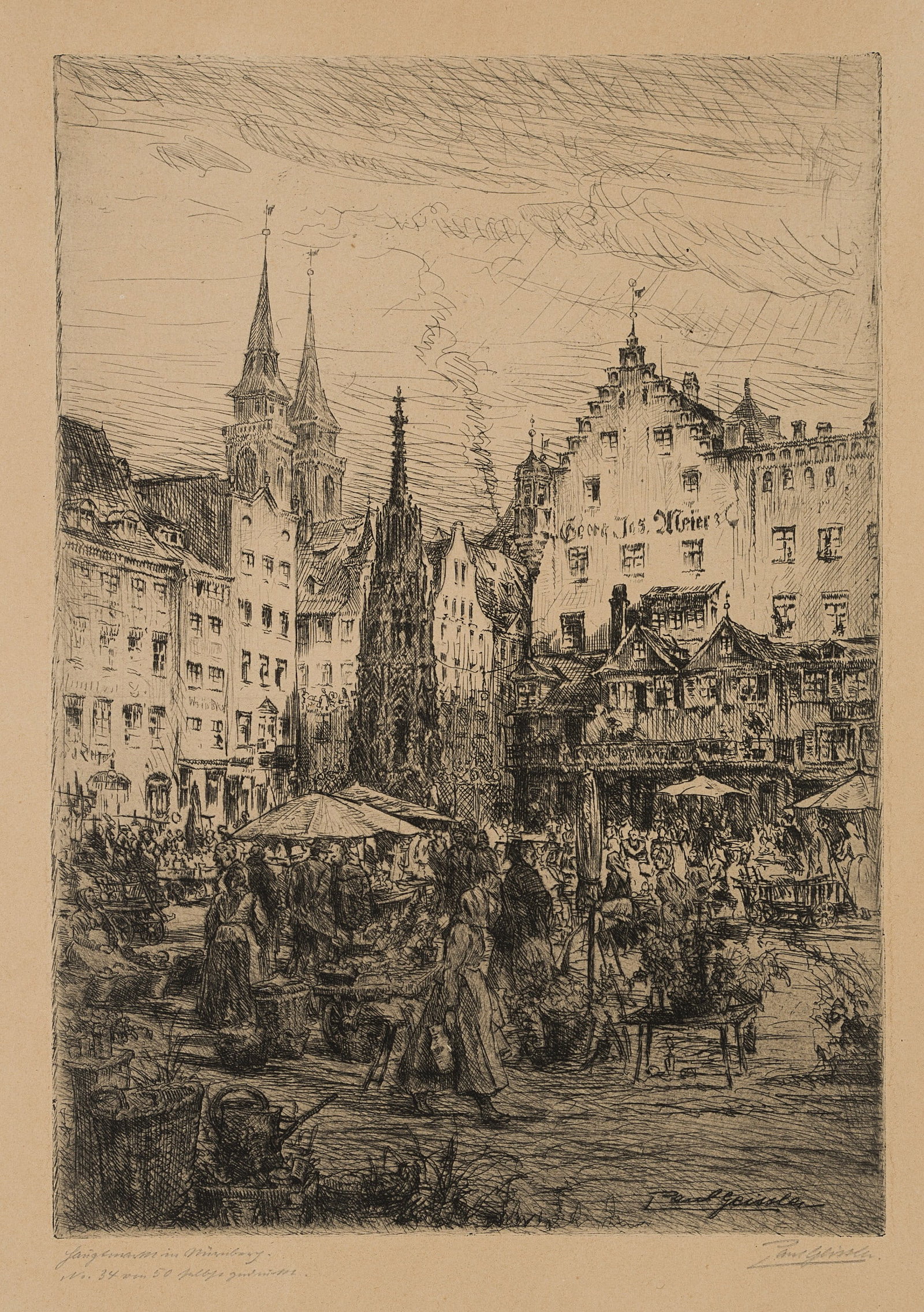 P. GEISSLER (1881-1965), Weekly market in Nuremberg, Drypoint etching: Paul Geißler (1881 Erfurt - 1965 Garmisch-Partenkirchen): Weekly market in Nuremberg, on the main market square by the beautiful fountain, 20th century, Drypoint etching Technique: Drypoint etchi
