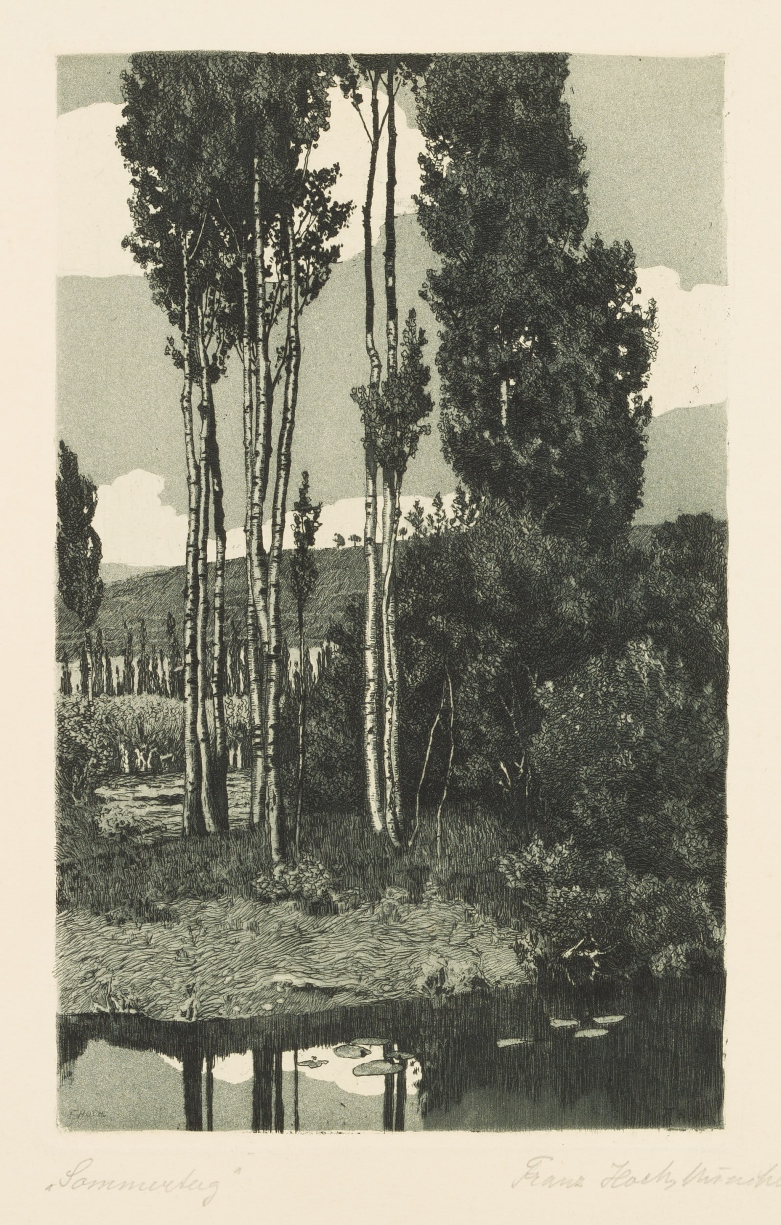 F. HOCH (1869-1916), A summer’s day, birch trees by the pond, Aquatint: Franz Xaver Hoch (1869 - 1916 ): A summer’s day, birch trees by the pond, 20th century, Aquatint Technique: Aquatint on Paper Inscription: Lower right signed: "Franz Hoch München", links unten 