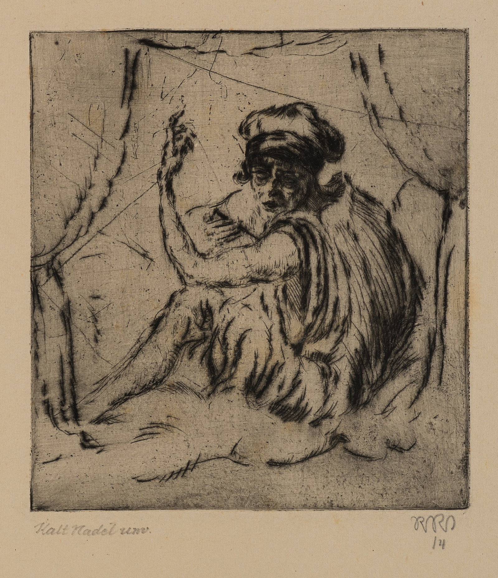 R. JUNGHANNS (*1884), Oracle. Seated figure, 1914, Drypoint etching: Reinhold Rudolf Junghanns (1884 - 1967 ): Oracle Seated figure Seated person with raised hand in sketchy surroundings, 1914, Drypoint etching Technique: Drypoint etching on Paper Impression Quality: C