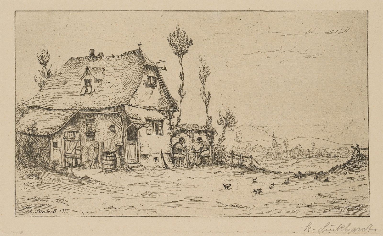 K. LUCKHARDT (*1886), A farmstead with two farmers taking a break, 1913, Drypoint etching: Karl Luckhardt (1886 Frankfurt on the Main - 1970 ibid.): Farmstead with two resting farmers and chickens, 1913, Drypoint etching Technique: Drypoint etching on Paper Inscription: Lower right signed: 