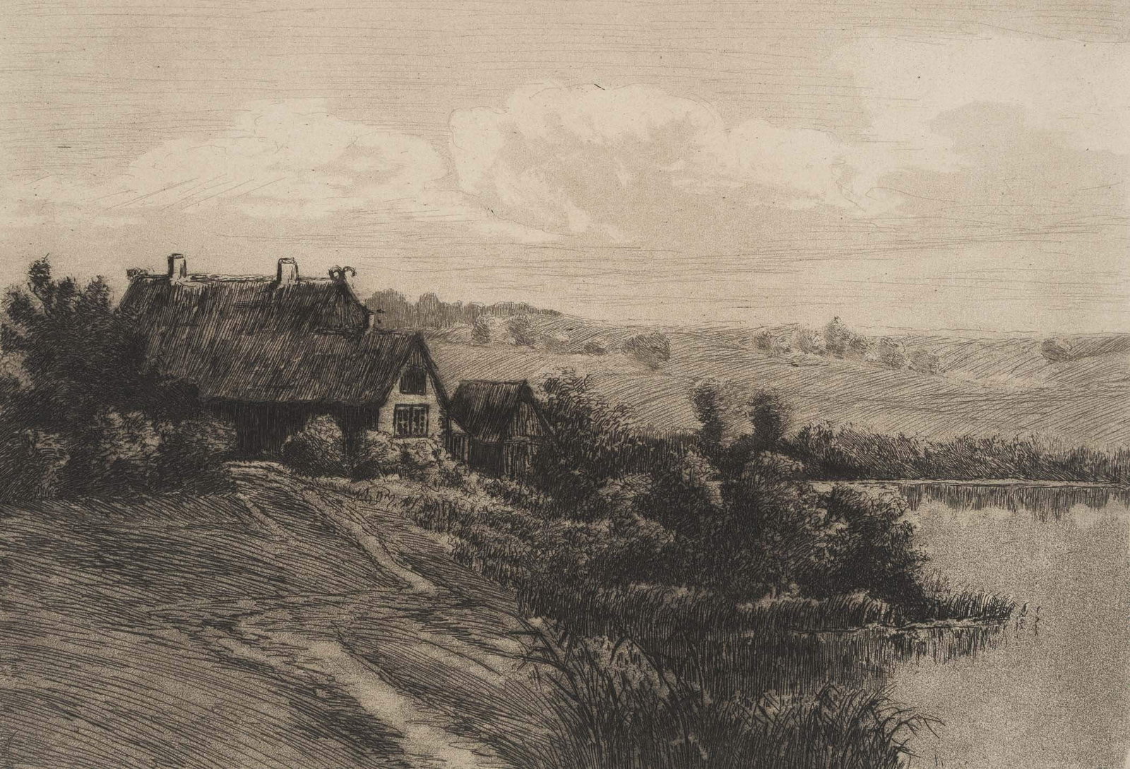 E. RUEST (1861-1945), Landscape with a farmstead by the water, around 1910, Etching (1 of 4)