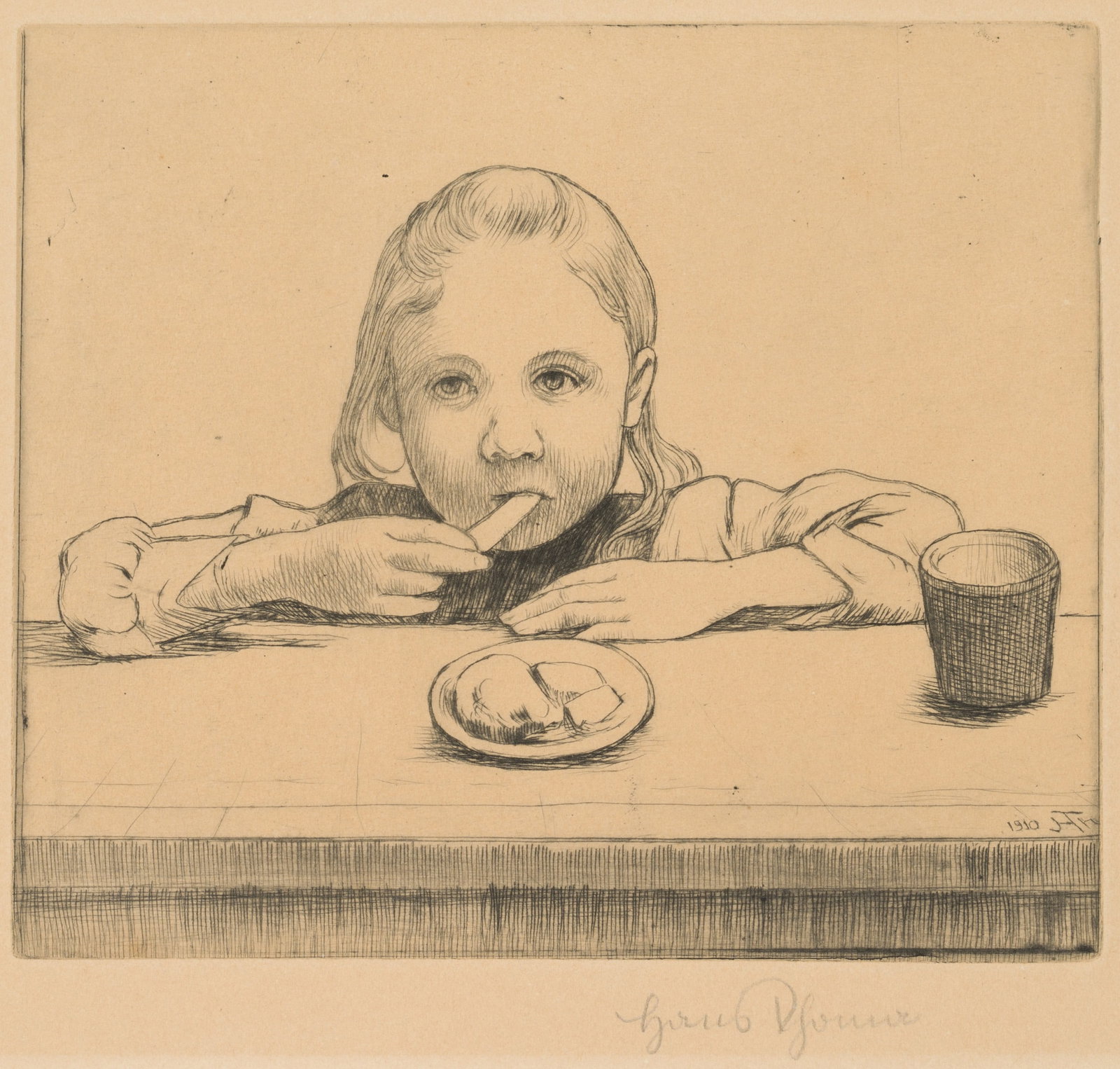 H. THOMA (1839-1924), A child having breakfast, 1910, Etching: Hans Thoma (1839 Bernau - 1924 Karlsruhe): A child having breakfast, 1910, Etching Technique: Etching on Paper Catalogue Raisonné: , 528 Inscription: Lower right signed: "Hans Thoma", darübe