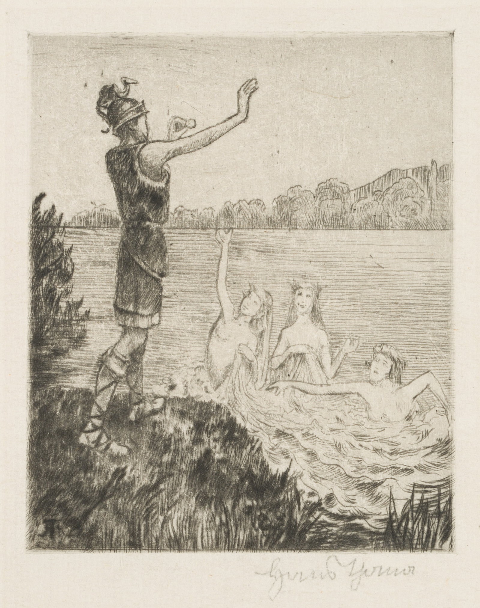 H. THOMA (1839-1924), Siegfried and the Daughters of the Rhine, 1920, Etching: Hans Thoma (1839 Bernau - 1924 Karlsruhe): Siegfried and the Rhinemaidens, illustration for the third act of Götterdämmerung, 1920, Etching Technique: Etching on China paper, rolled-on on Ch