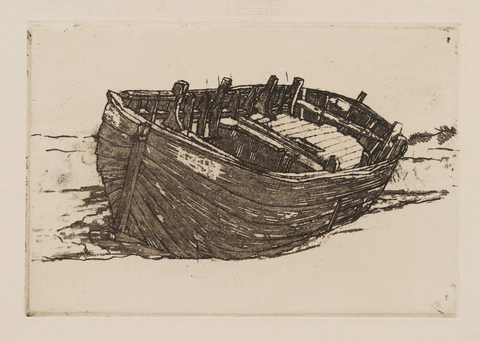 R. VOORTMAN (19,20th), A boat stranded on the shore, Etching: Robert Voortman (19./20. century): Stranded boat on the shore Old wooden boat lying on the shore in an empty coastal landscape, 20th century, Etching Technique: Etching on Paper Impression Quality: Pr