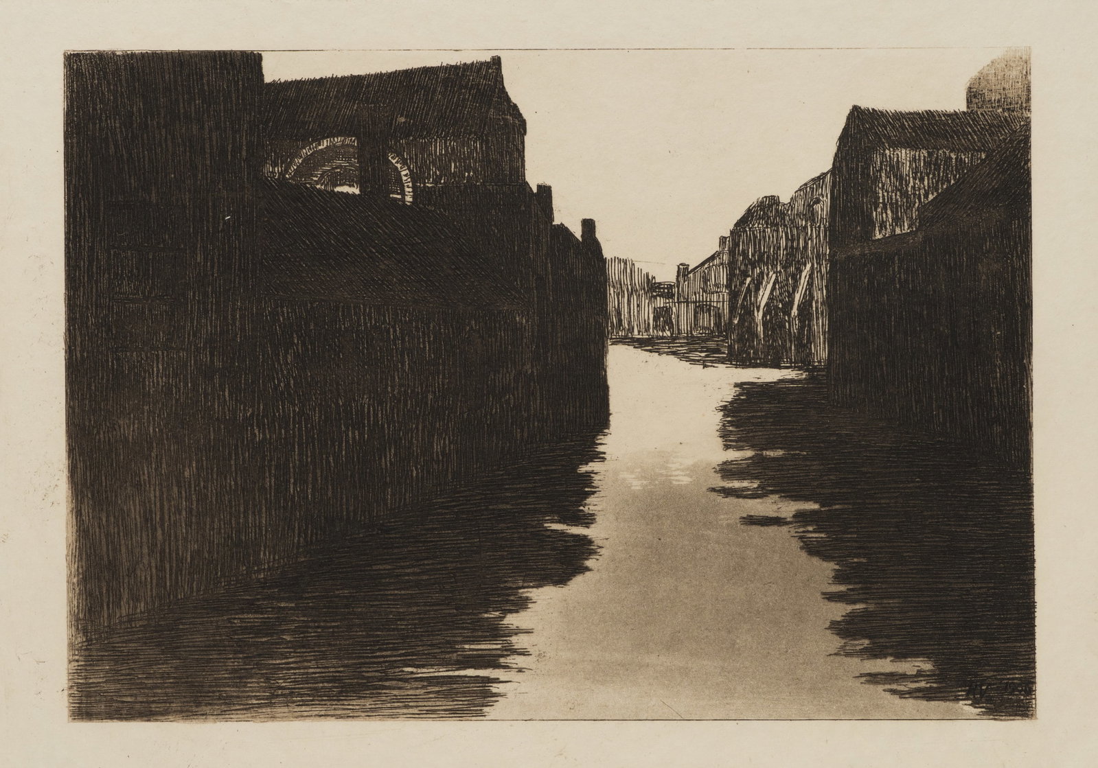 R. VOORTMAN (19,20th), Channel between rows of houses, 1905, Etching: Robert Voortman (19./20. century): Canal between rows of houses Dark canal view with side bank development and light-coloured waterway, 1905, Etching Technique: Etching on Paper Impression Quality: Pr