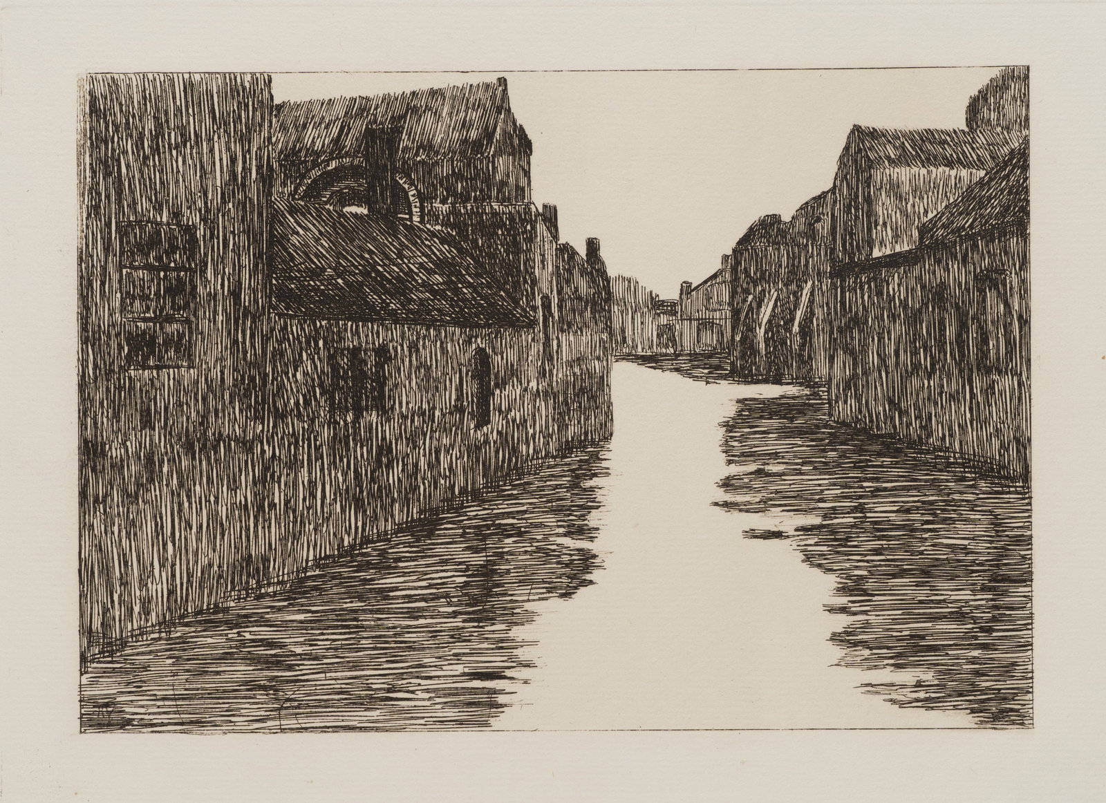 R. VOORTMAN (19,20th), Channel between rows of houses, Etching: Robert Voortman (19./20. century): Canal between rows of houses Canal view with lateral bank development and light-coloured waterway, 20th century, Etching Technique: Etching on Paper Impression Quali