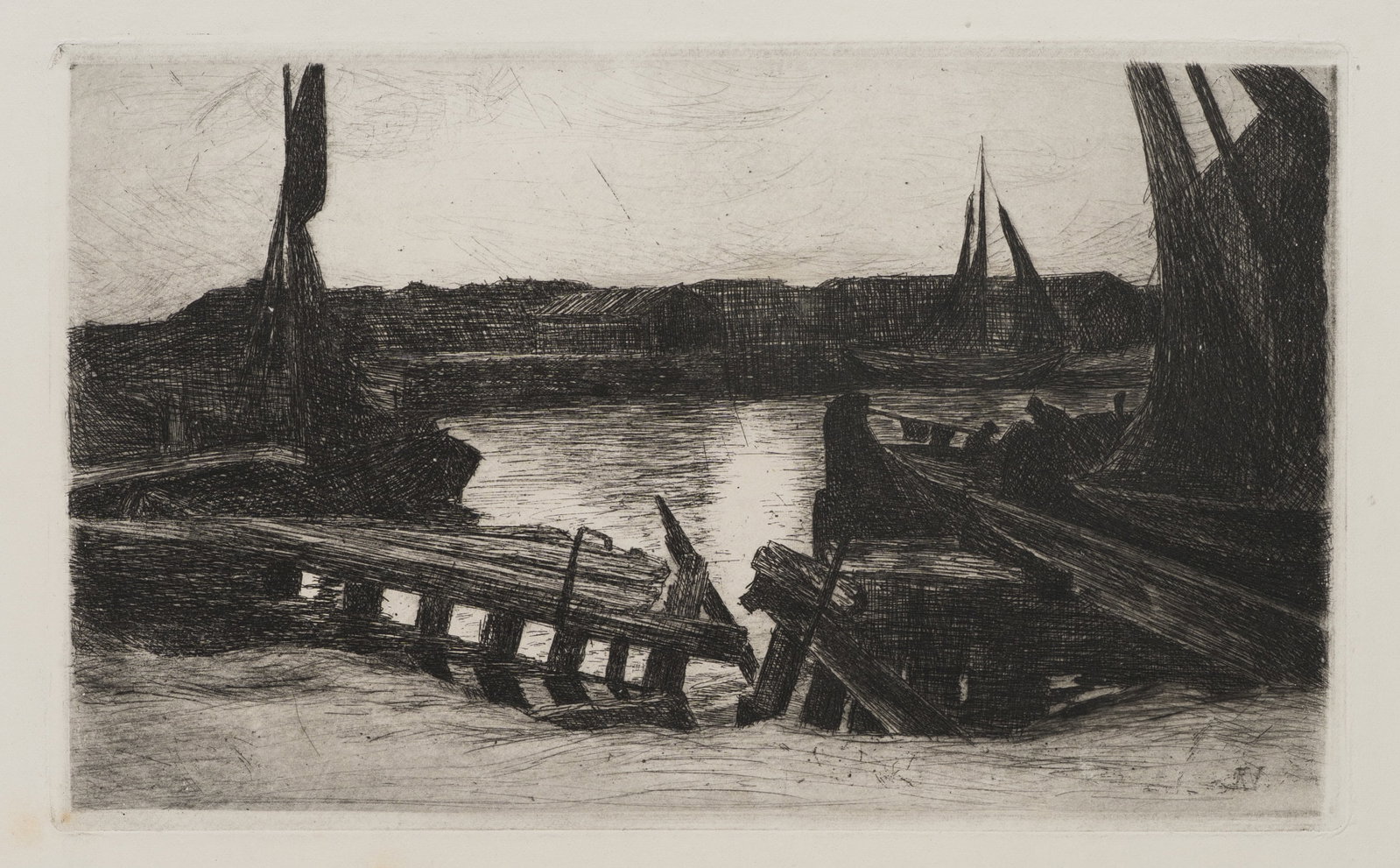 R. VOORTMAN (19,20th), View of the harbour with boats, Etching: Robert Voortman (19./20. century): Harbour view with boats Dark harbour view with boats, planks and sailors on calm water, 20th century, Etching Technique: Etching on Paper Impression Quality: Proof i