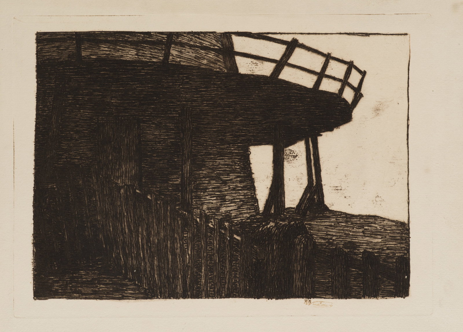 R. VOORTMAN (19,20th), Raised platform on the riverbank, Etching: Robert Voortman (19./20. century): Raised platform on the shore Dark silhouetted platform construction with fence and supports on the bank, 20th century, Etching Technique: Etching on Paper Impression