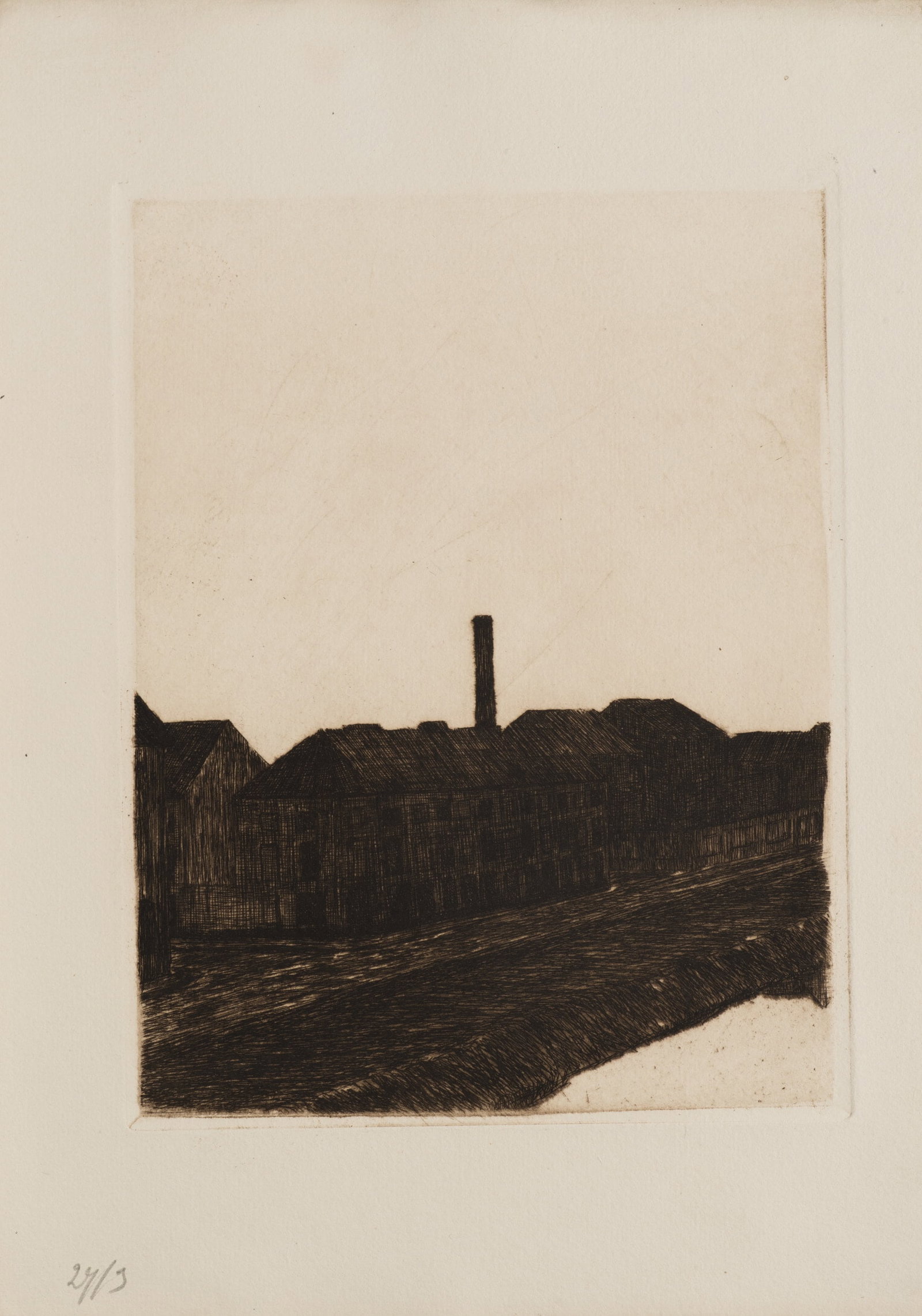 R. VOORTMAN (19,20th), Factory complex with a chimney, Etching: Robert Voortman (19./20. century): Row of houses with chimney Dark row of houses with factory chimney on a rising bank or roadside, 20th century, Etching Technique: Etching on Paper Impression Quality