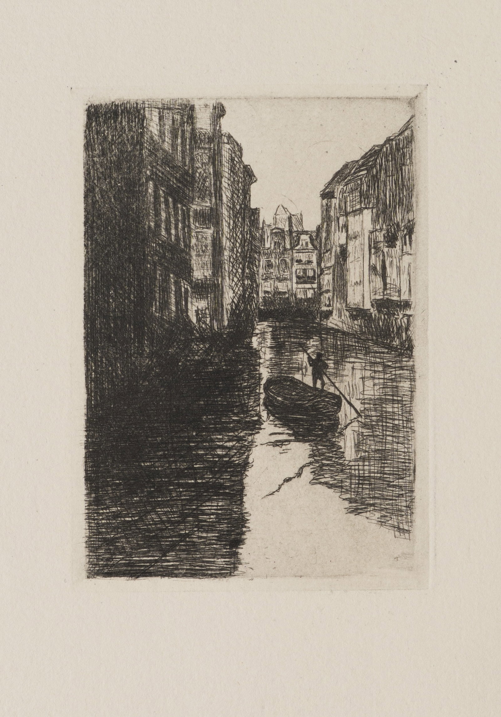 R. VOORTMAN (19,20th), View of the canal with a boat, Etching: Robert Voortman (19./20. century): Canal view with boat Narrow canal view between rows of houses with standing rower on boat, 20th century, Etching Technique: Etching on Paper Date: 20th century Descr