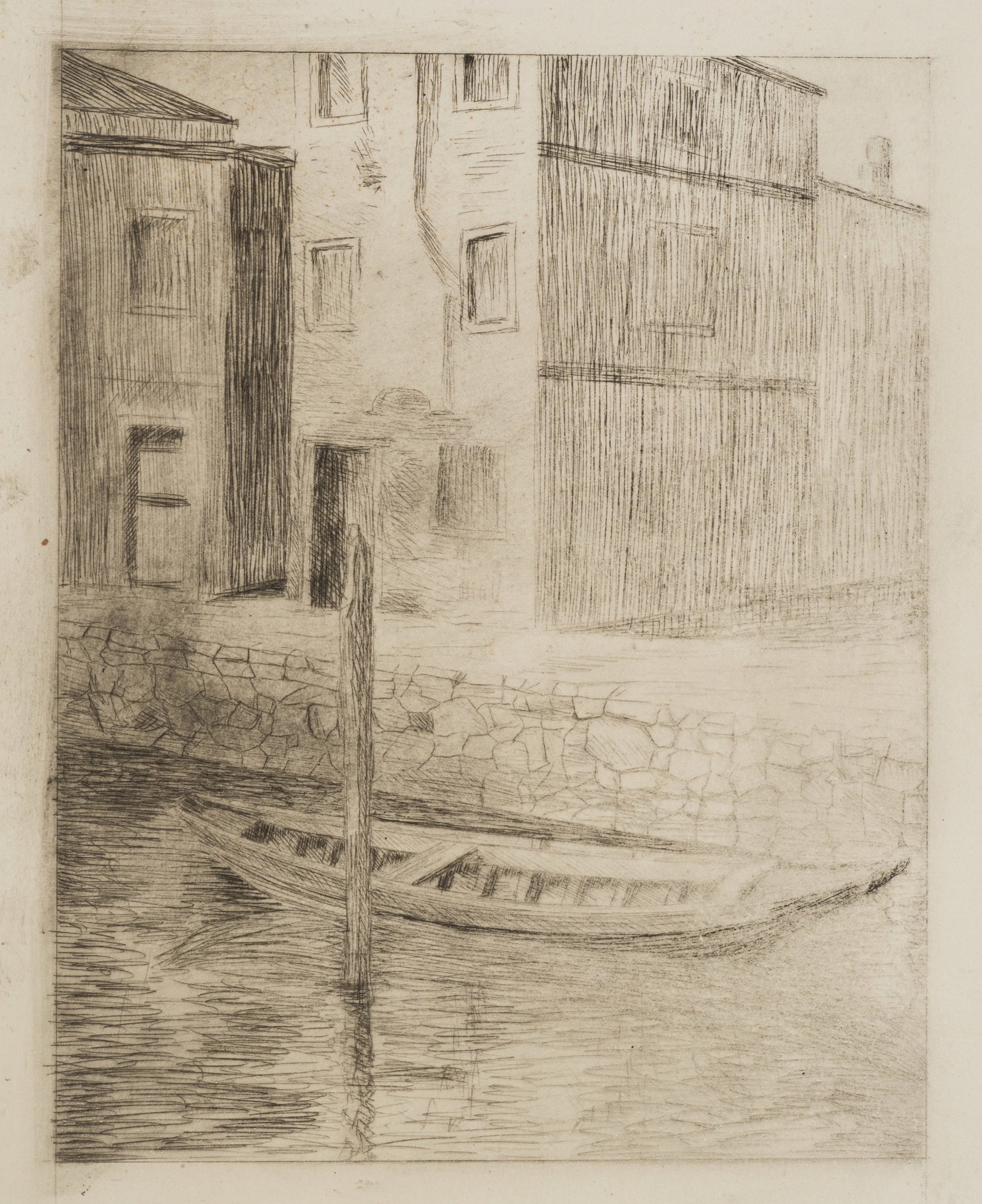 R. VOORTMAN (19,20th), Boat on the canal, Etching: Robert Voortman (19./20. century): Boat on the canal Boat in front of houses on a quiet canal, 20th century, Etching Technique: Etching on Paper Impression Quality: Proof impression. Somewhat grey and