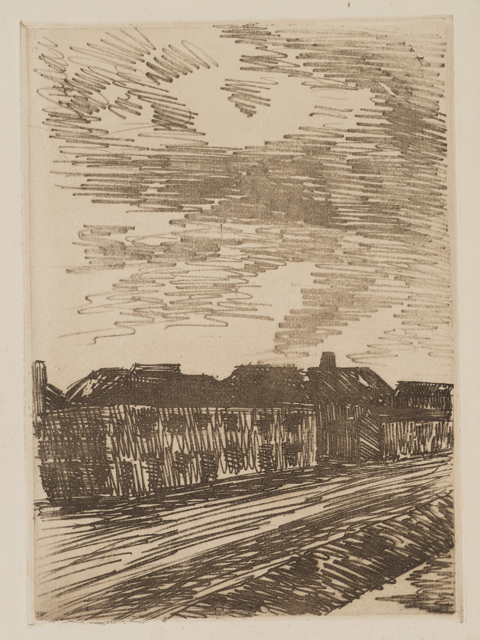 R. VOORTMAN (19,20th), A row of houses beneath a sky full of clouds, Etching: Robert Voortman (19./20. century): Row of houses under a moving sky Row of houses on a sloping path under a sweeping, linearly moving sky, 20th century, Etching Technique: Etching on Paper Impression 