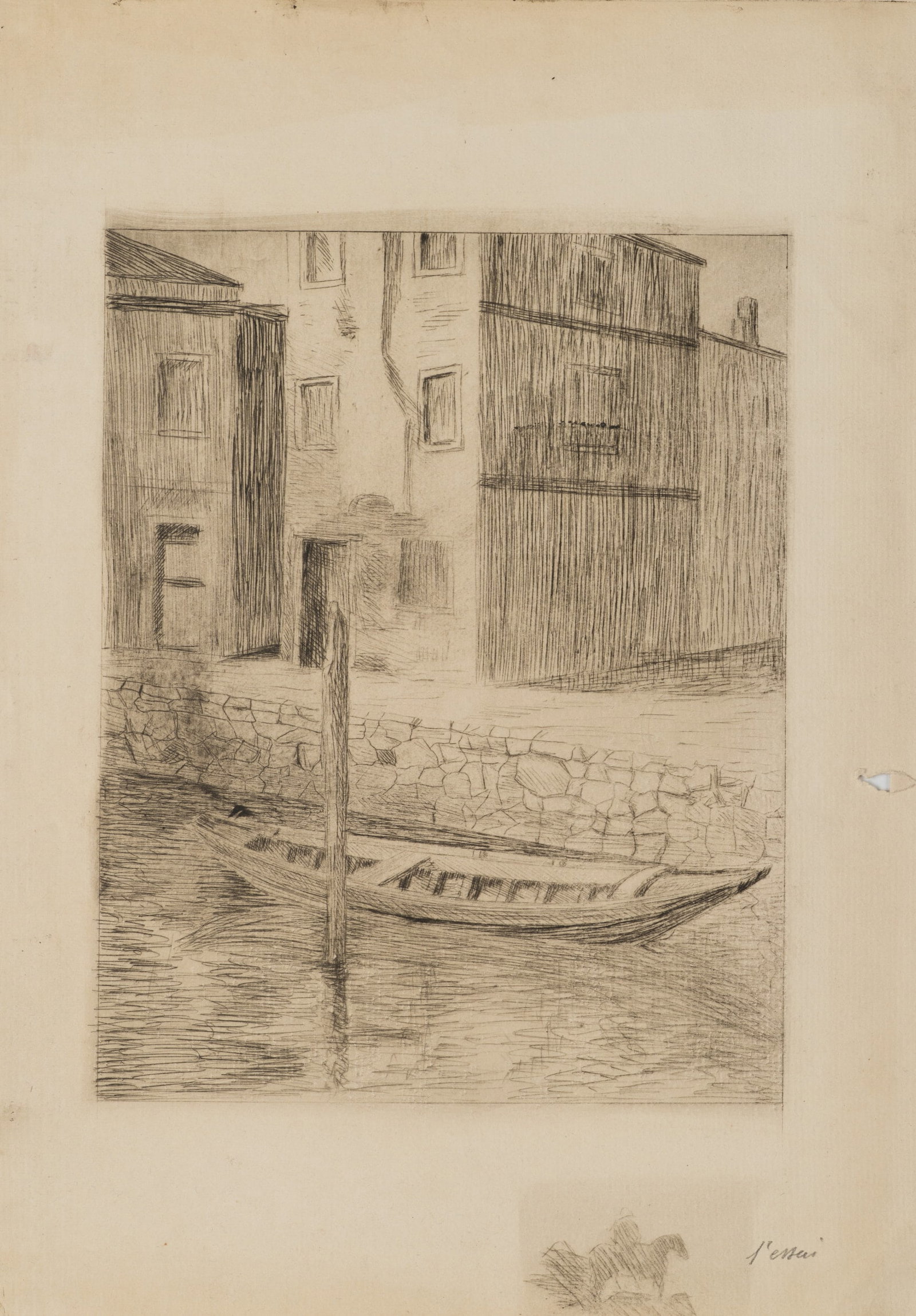 R. VOORTMAN (19,20th), Boat on the canal, Etching: Robert Voortman (19./20. century): Boat on the canal Boat in front of houses on a canal-like bank, 20th century, Etching Technique: Etching on Paper Impression Quality: Proof impression. Somewhat ligh