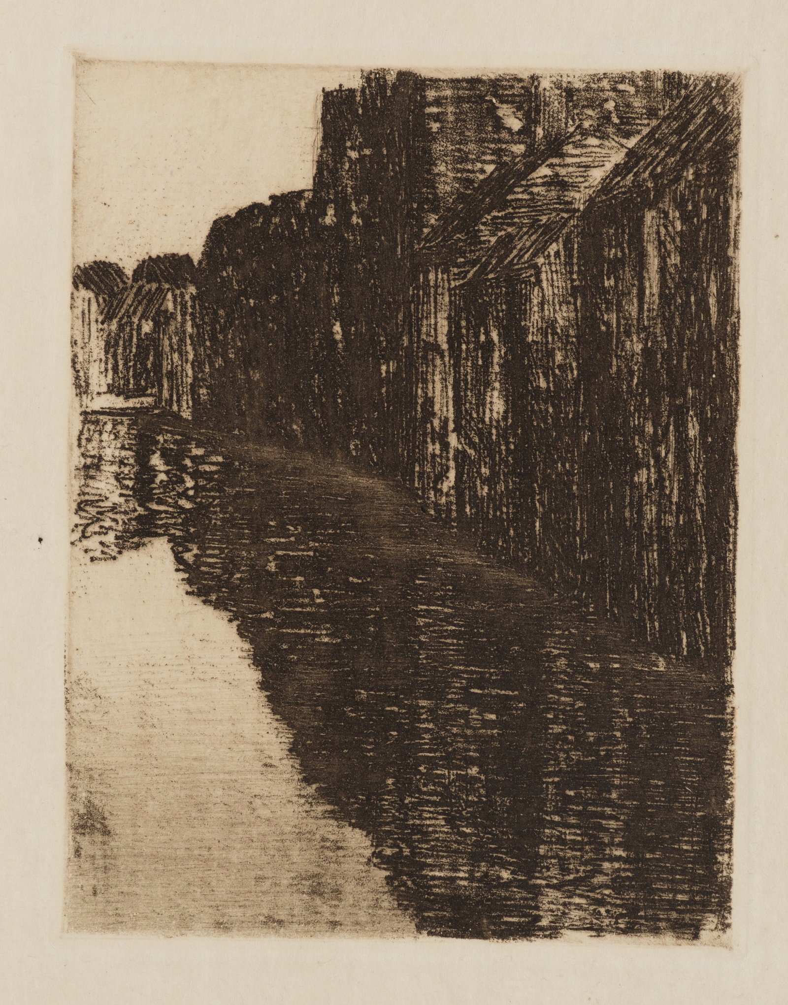 R. VOORTMAN (19,20th), Canal lined with houses, Aquatint: Robert Voortman (19./20. century): Canal with row of houses Dark row of houses on a narrow canal with water reflections, 20th century, Aquatint Technique: Aquatint on Paper Impression Quality: Proof i