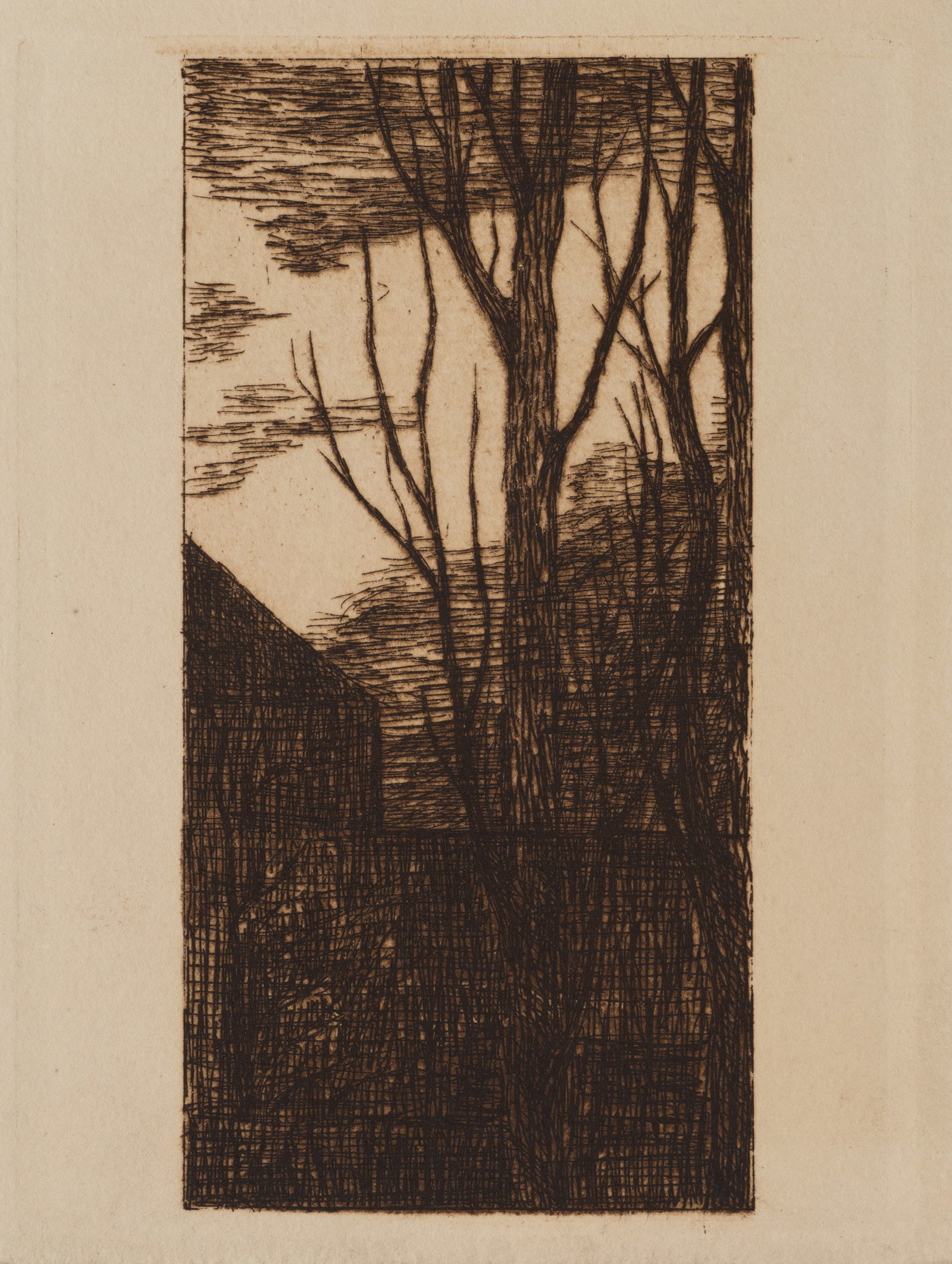 R. VOORTMAN (19,20th), Trees near a farmstead, Etching: Robert Voortman (19./20. century): Trees near a farmstead Group of trees and small farmstead, 20th century, Etching Technique: Etching on Paper Date: 20th century Description: A narrow, highly rectang