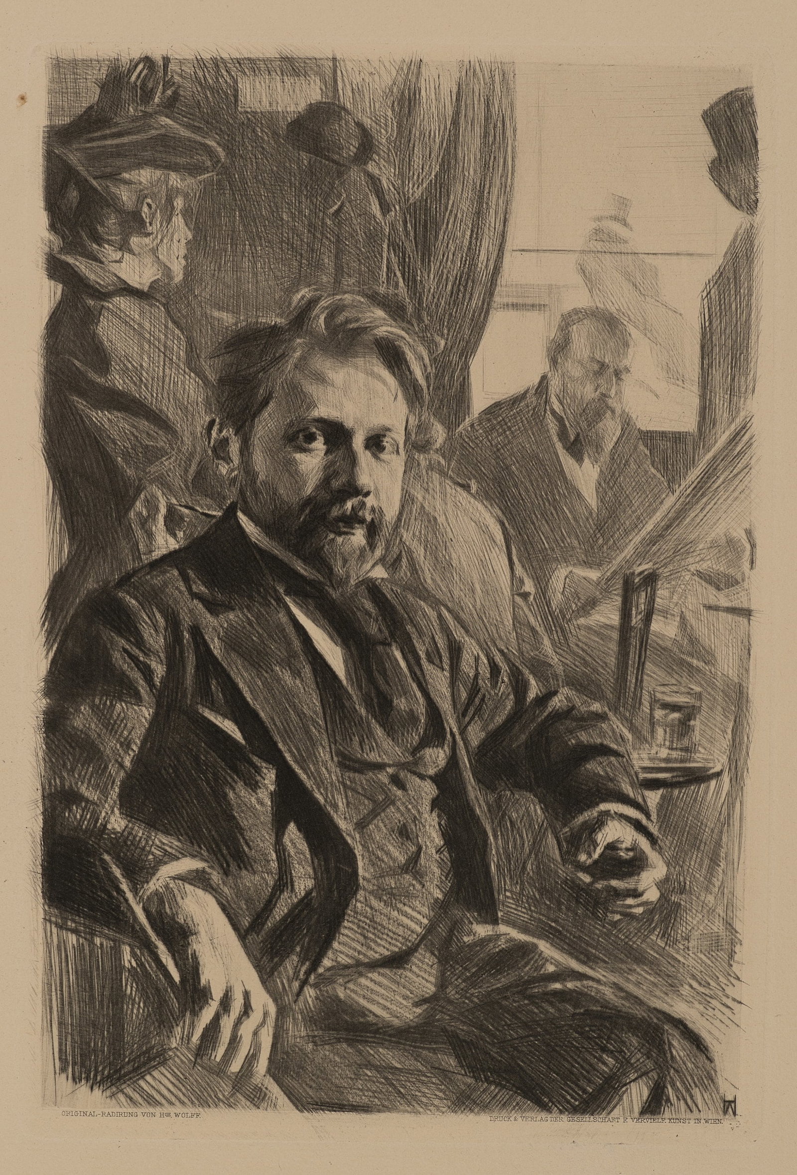 H. WOLFF (1875-1940), A salon portrait of a man, Etching: Heinrich Wolff (1875 - 1940 ): Salon portrait of a man Man in an elegant café with company in the background, 20th century, Etching Technique: Etching on Paper Impression Quality: Clean and delic