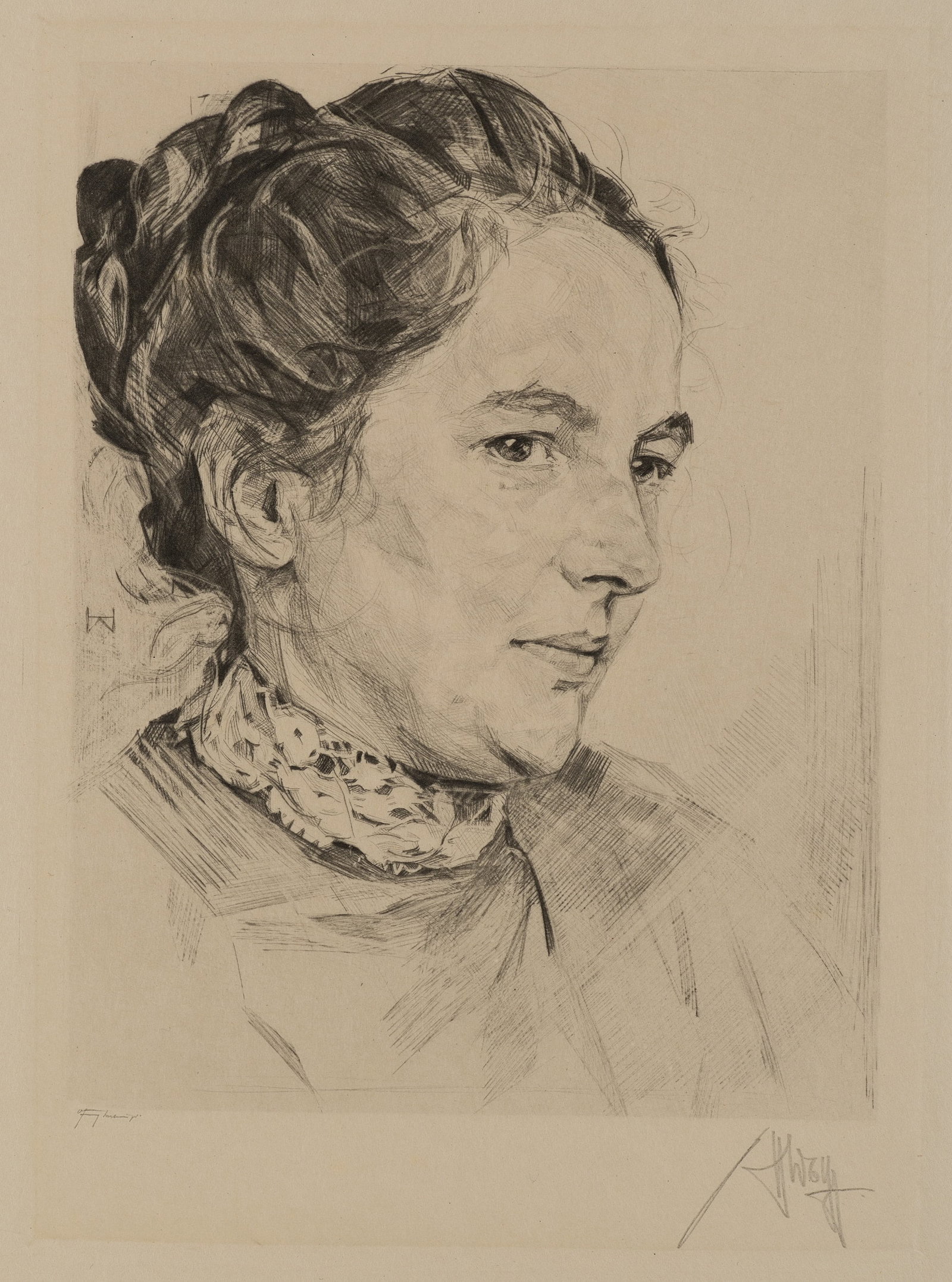 H. WOLFF (1875-1940), Portrait of a woman in profile, around 1919, Etching: Heinrich Wolff (1875 - 1940 ): Portrait of a woman in profile Elegant portrait of a woman with an artistic updo hairstyle, c. 1919, Etching Technique: Etching on Paper Impression Quality: Beautiful pr