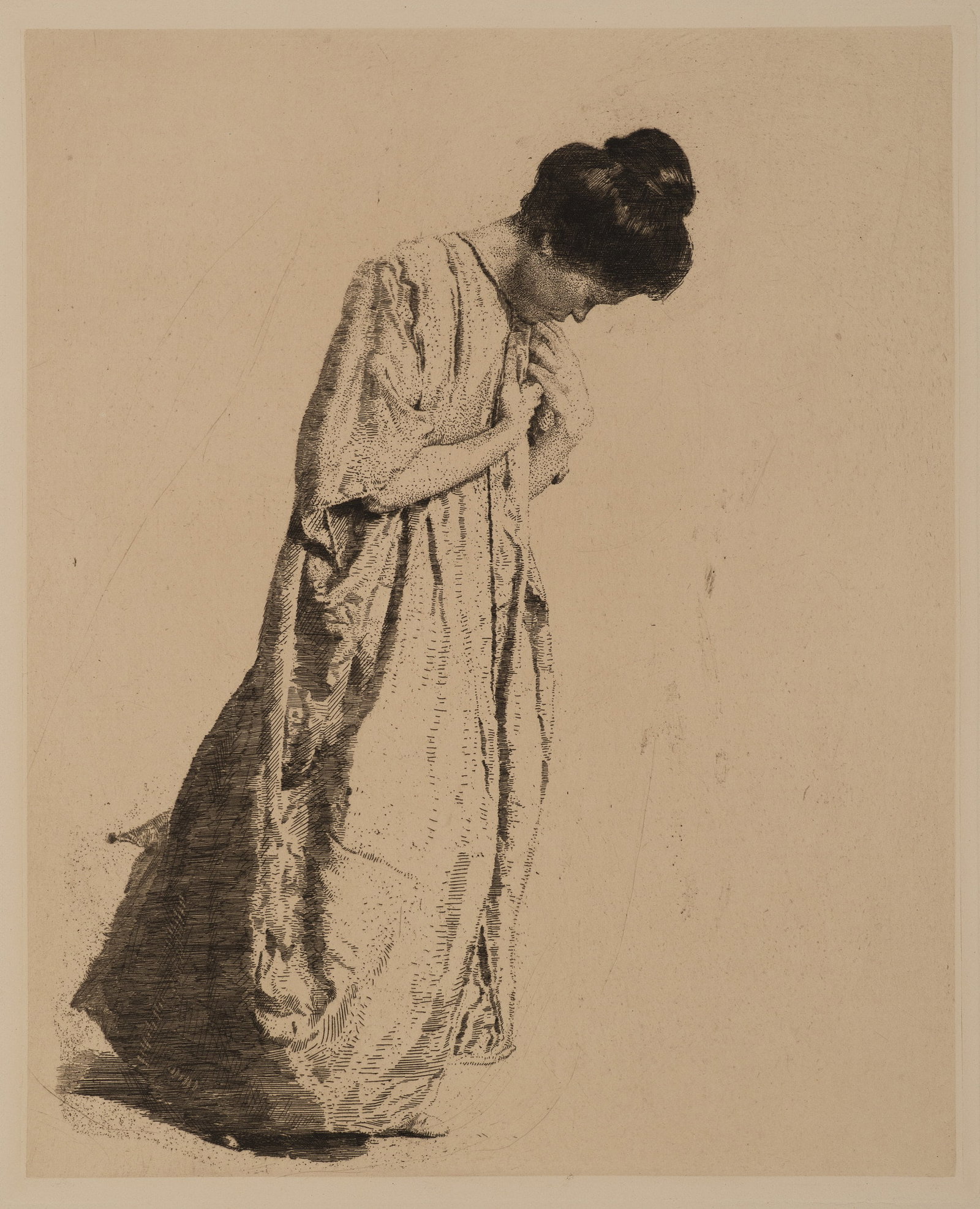 E. WOLFSFELD (*1884), A Japanese woman in a kimono, Drypoint etching: Erich Wolfsfeld (1884 Krojanke - 1956 London): Japanese woman in long robe Japanese woman in traditional kimono with pinned-up hairstyle, 20th century, Drypoint etching Technique: Drypoint etching on 