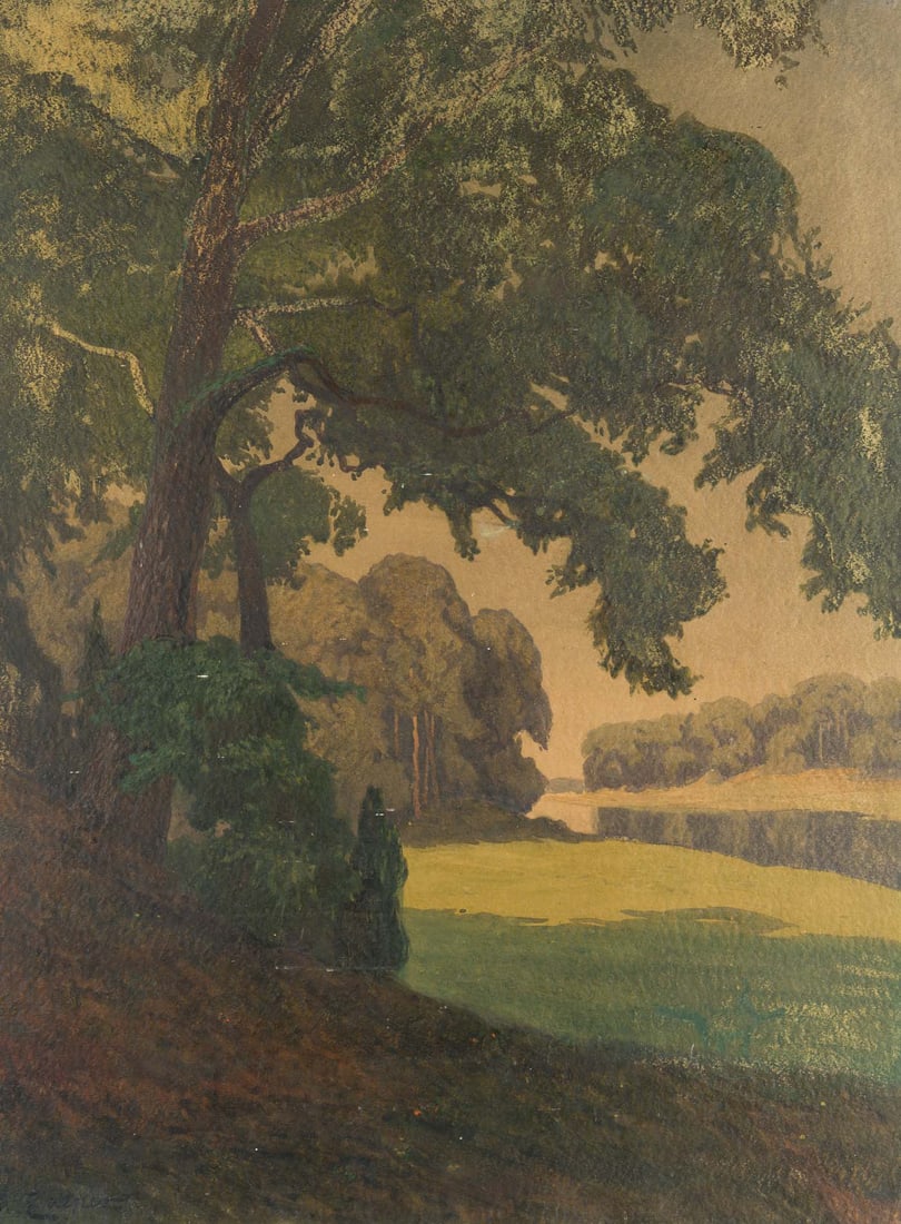 M. ZAEPER (*1872), Wooded landscape by the lake, around 1900, Print product: Max Zaeper (born 1872 Fürstenwerder): Wooded landscape by the lake, c. 1900, Print product Technique: Print product on Paper Date: c. 1900 Description: View of a green, wooded landscape with a mi