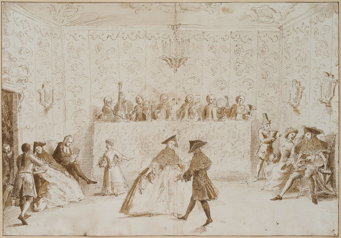 Unknown (20th), A dance troupe at a masked ball, around 1920, Reproduction: Unknown (20th century): Dance Company and Chamber Music, Masked Ball, Facsimile, c. 1920, Reproduction Technique: Reproduction on Paper Date: c. 1920 Description: Lower right corner of the sheet with 