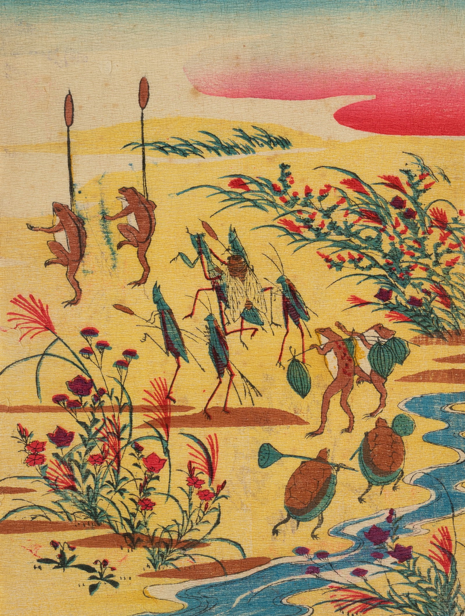 Unknown (19th), Asian scene. Dancing frogs, around 1900, Color woodcut: Unknown (19th century): Colourful Asian scene With dancing frogs, grasshoppers and turtles, c. 1900, Color woodcut Technique: Color woodcut on Paper Date: c. 1900 Description: On thin, strongly textur