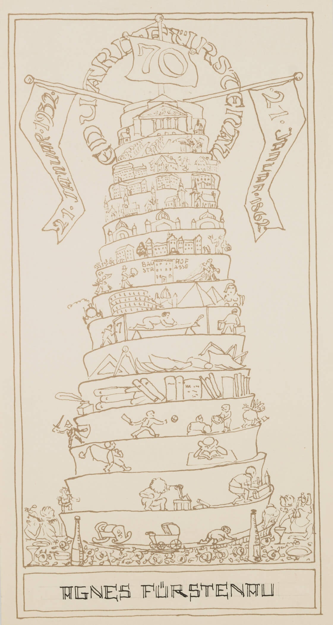 E. FÜRSTENAU (*1862), Birthday card featuring a 'cake of life', 1932, Reproduction: Eduard Fürstenau (1862 Marburg - 1938 Berlin): Birthday Card Eduard Fürstenau with Life Cake, 1932, Reproduction Technique: Reproduction on Paper Date: 1932 Description: Collotype. With each