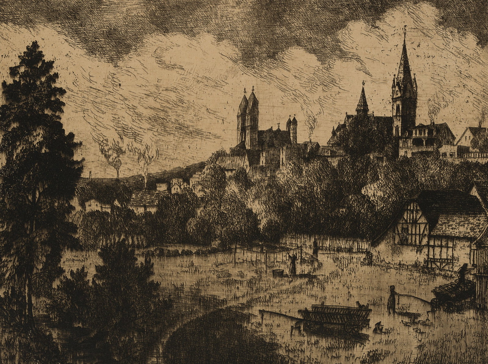 F. HERBOLD (20th), Cityscape with a church featuring twin towers, around 1943, Etching (1 of 4)