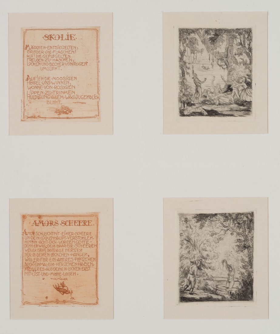 E. THEERMANN (*1905), Cupid’s Scissors, 9 Anacreontic Songs, 1925, Etching: Erwin Theermann (1905 - 1927 ): Cupid's scissors, from "Neun anakreont Songs", 1925, Etching Technique: Etching on Paper Date: 1925 Description: Monogrammed below the song "Amors Scheere" "E.TH.". Fou