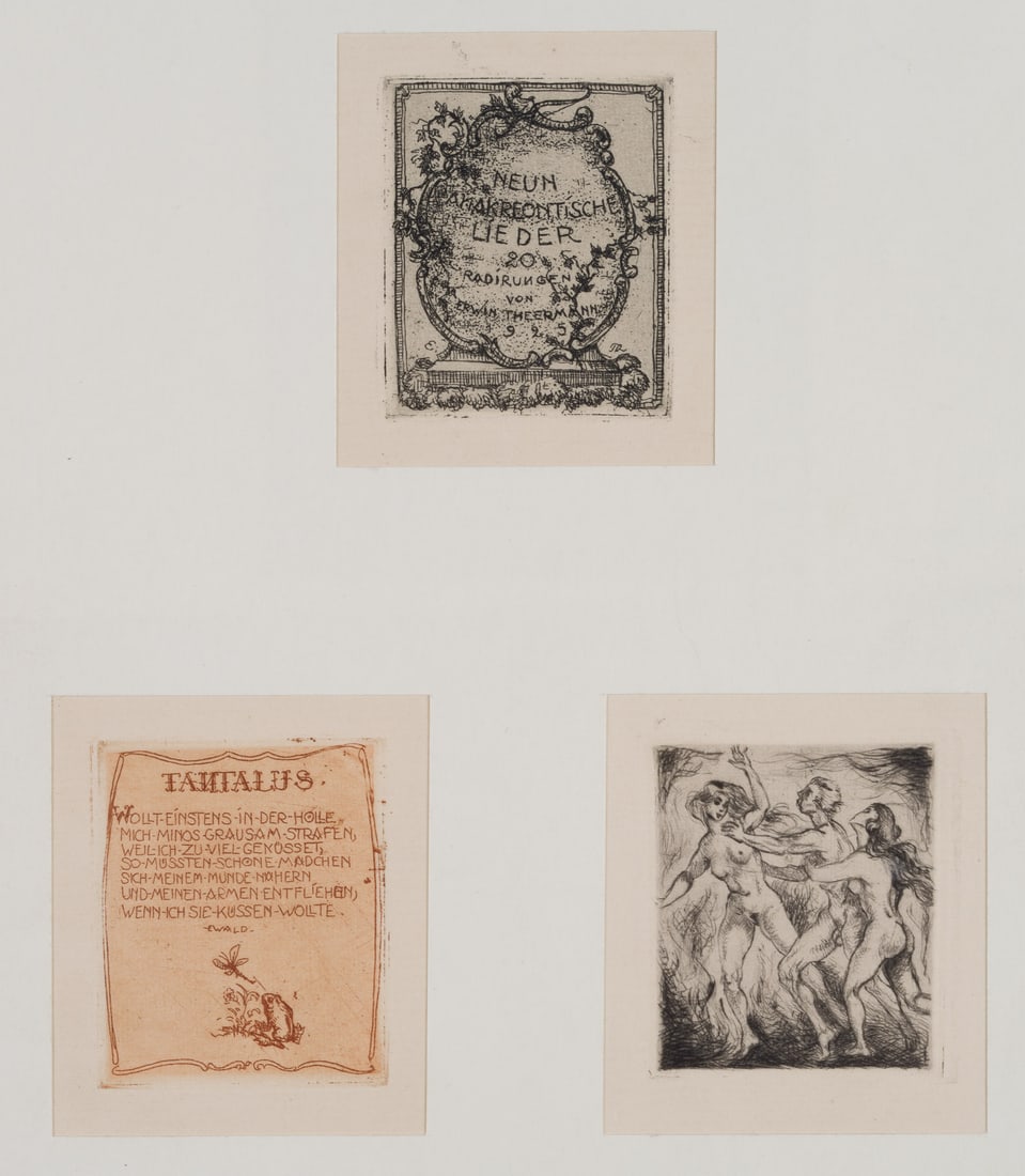E. THEERMANN (*1905), Tantalus, 9 Anacreontic Songs, 1925, Etching: Erwin Theermann (1905 - 1927 ): Tantalus, from "Nine anacreont Songs", 1925, Etching Technique: Etching on Paper Date: 1925 Description: Monogrammed "E.TH." on the title page. Three small prints from 