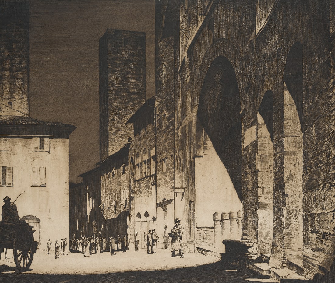 C. WALTHER (1880-1954), Piazza Duomo in San Gimignano, Etching: Carl August Walther (1880 Leipzig - 1954 Dresden): Piazza Duomo in San Gimignano, 2nd trial proof, 20th century, Etching Technique: Etching on Paper Stamp: Lower right Estate stamp, Carl Walther. Dres