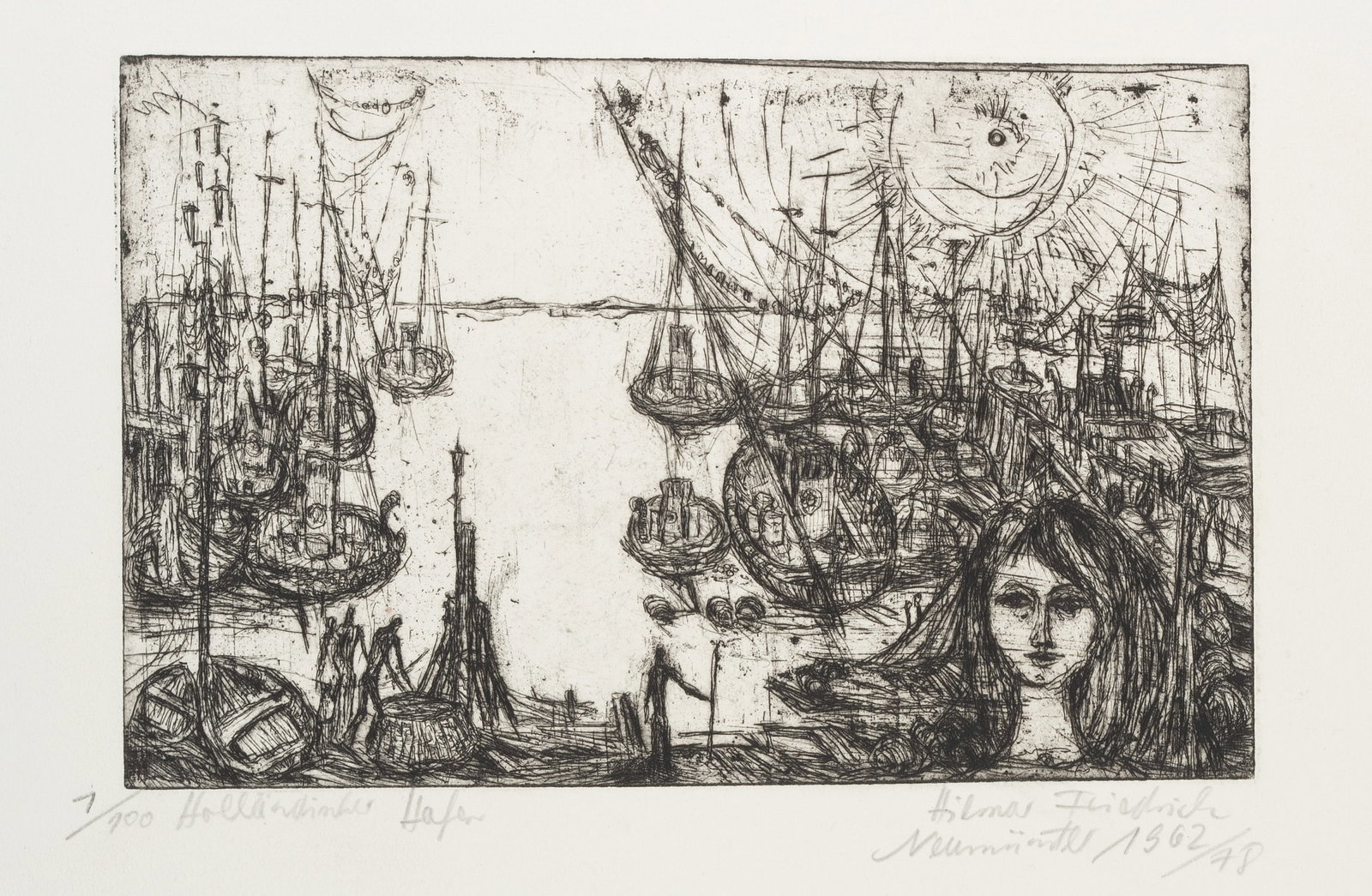 H. FRIEDRICH (*1938), Dutch harbour with ships and a mermaid, after 1962, Drypoint etching: Hilmar Friedrich (1938 - after 2004 ): "Dutch harbour" with adjacent sailing ships and in front the face of a water mermaid, after 1962, Drypoint etching Technique: Drypoint etching on Paper Date: aft