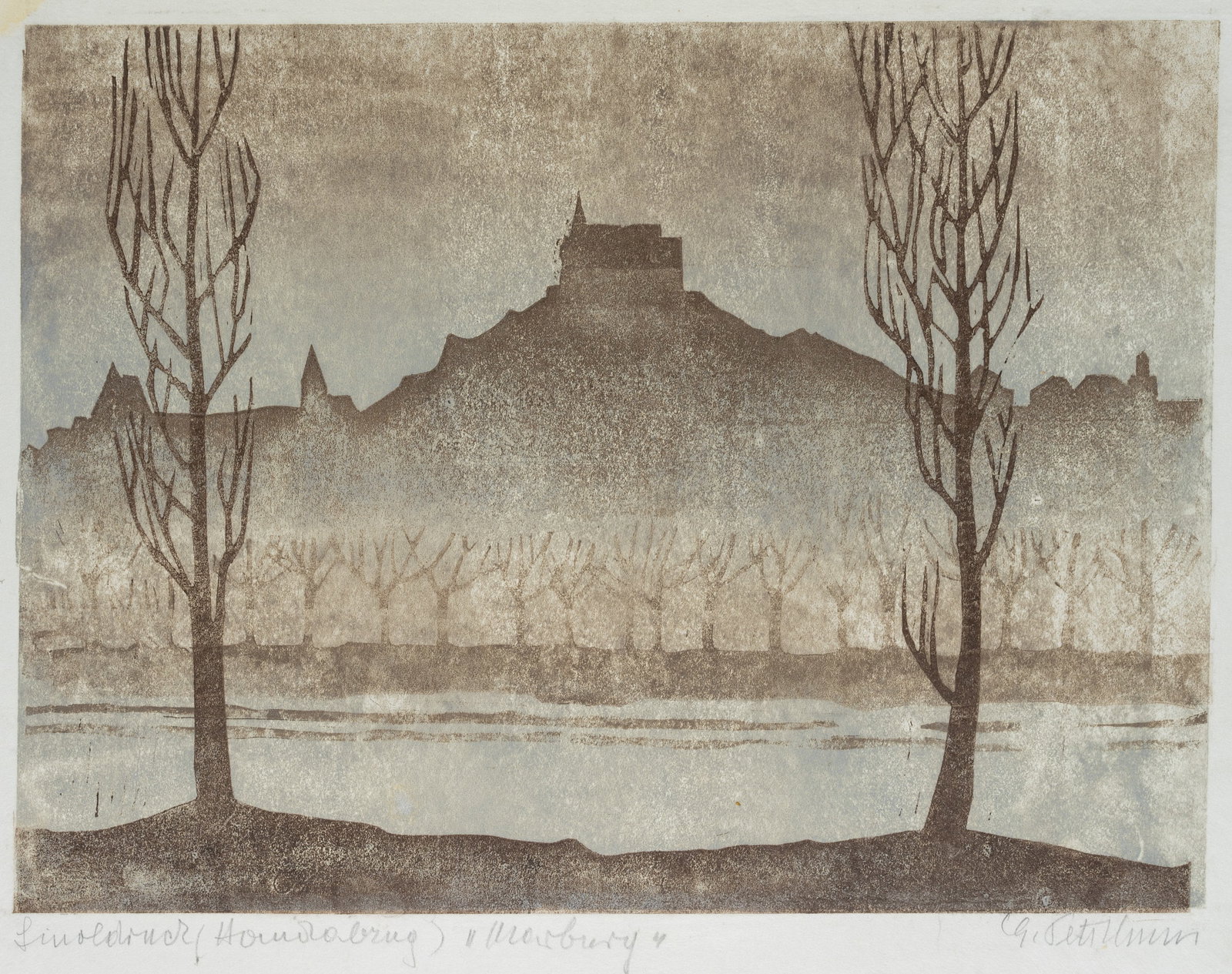 G. PETSCHNER (*1913), A cityscape of Marburg city centre, Color Linocut: Gisela Petschner (1913 Saaz - 2007 Wolfhagen): City view with avenue by the river and Marburg city skyline Castle in the background, 20th century, Color Linocut Technique: Color Linocut on Japanese pa