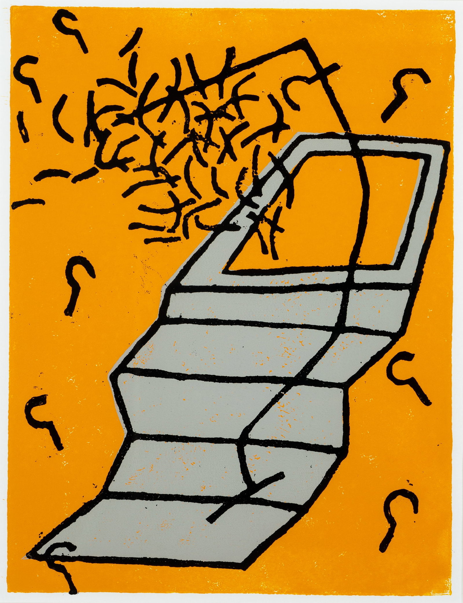 P. AUBERGER (1946-2012), Abstract Art in Orange, around 1980, Cliché verre: Pidder Auberger (1946 Dinslaken-Lohberg - 2012 Burbach): Abstract in orange Dynamic composition of a stepped structure in orange, c. 1980, Cliché verre Technique: Cliché verre on Paper Date: