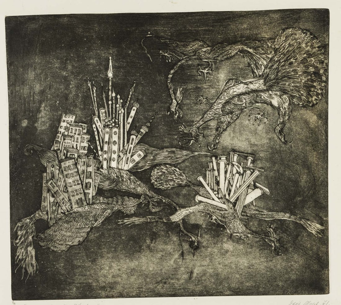 D. DISTELMAIER-HAAS (*1943), Urban Death, Surrealist, 1971, Etching: Doris Distelmaier-Haas (born 1943 ): 'City Death' - Surrealistic depiction with fantastic monsters tearing apart parts of a city, 1971, Etching Technique: Etching on Paper Inscription: Inscribed on th