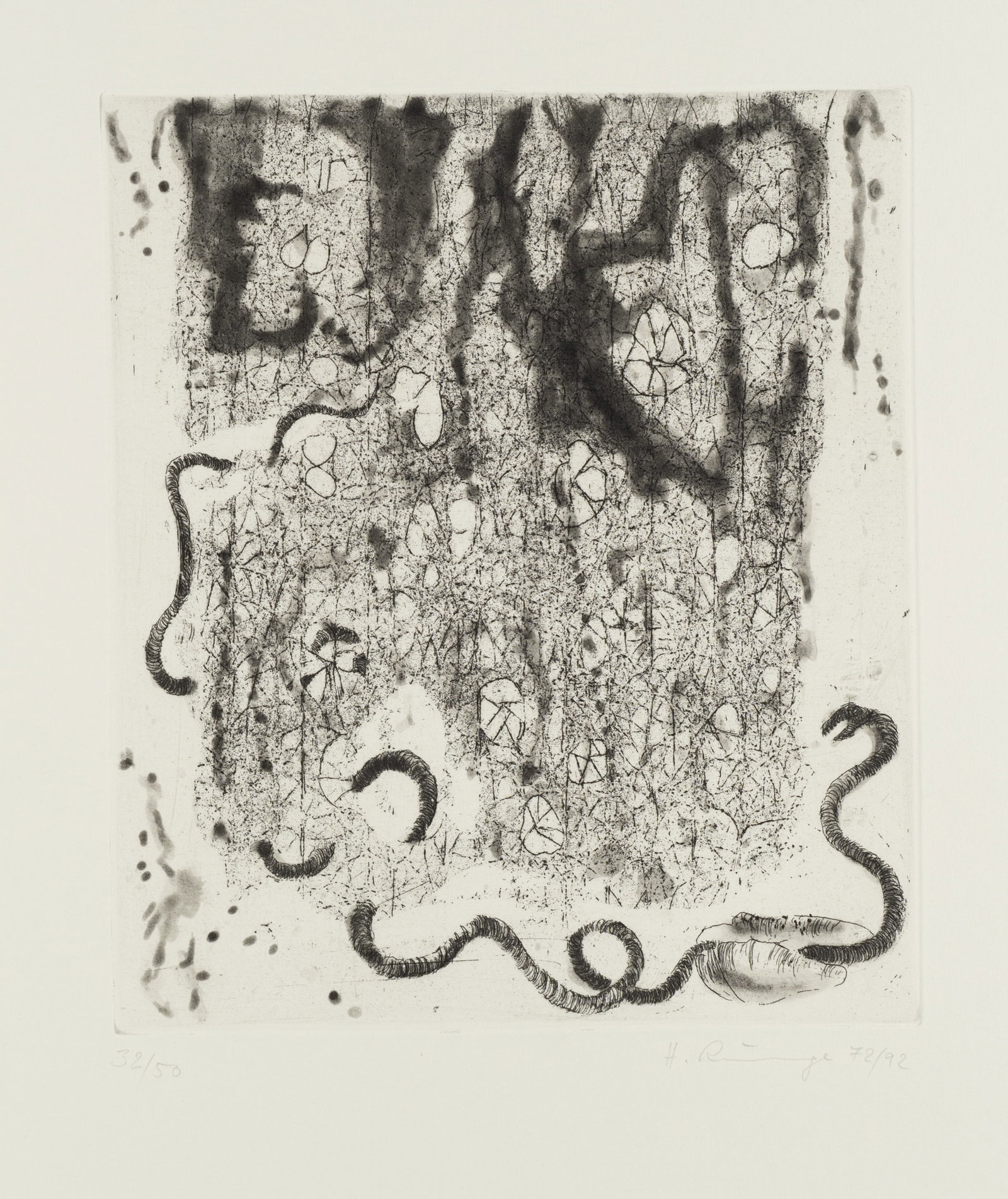 H. RUNGE (*1925), "Snake Braid", a jungle of lines, Vernis Mou: Holger Runge (born 1925 Weimar): "Snake web", jungle of lines through which snakes wind, 20th century, Vernis Mou Technique: Vernis Mou and Etching on Paper Inscription: Lower right signed: "H. Runge 