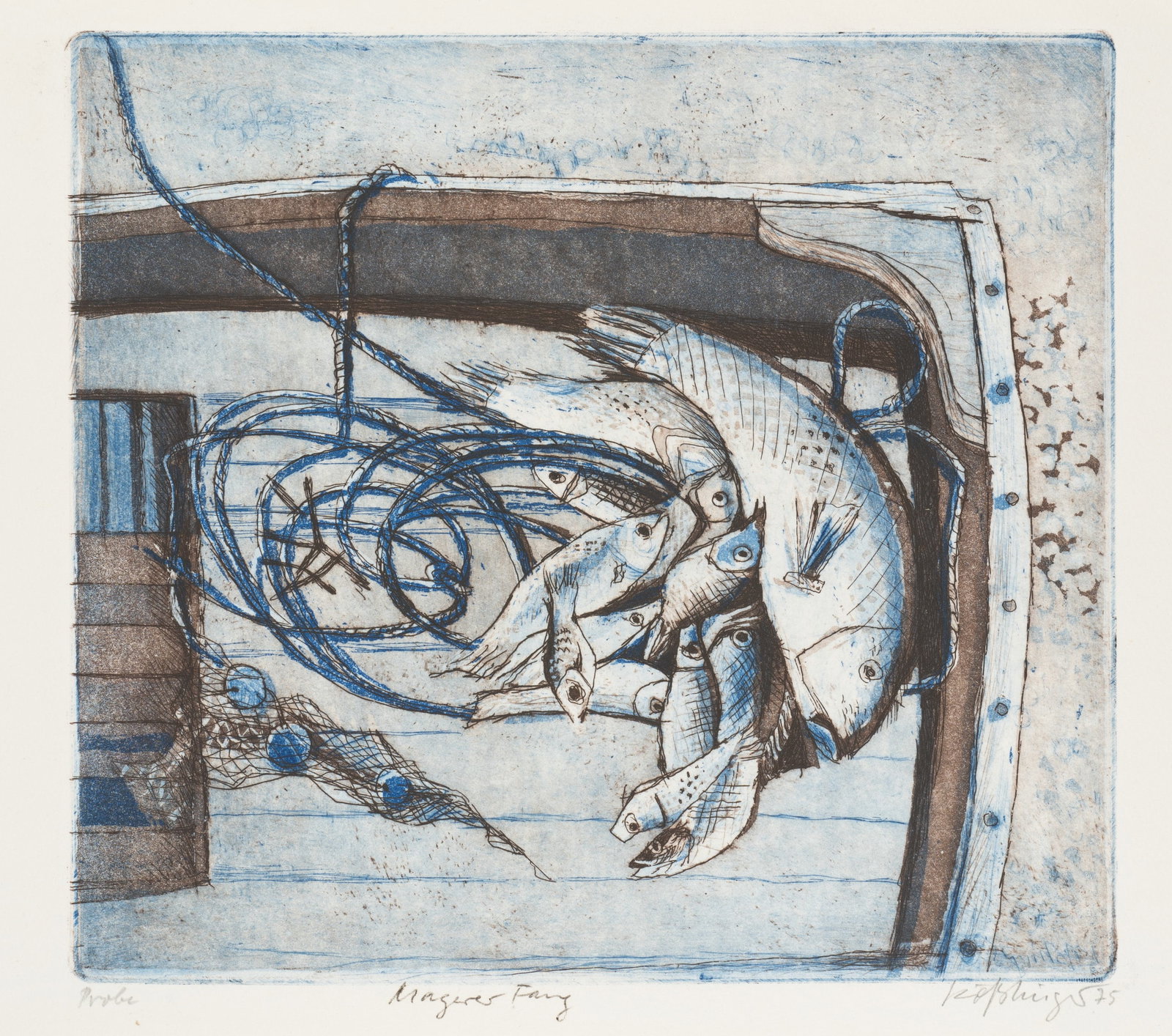 Unknown (20th), A meagre catch. Still life with fish in a boat, 1975, Etching (1 of 5)