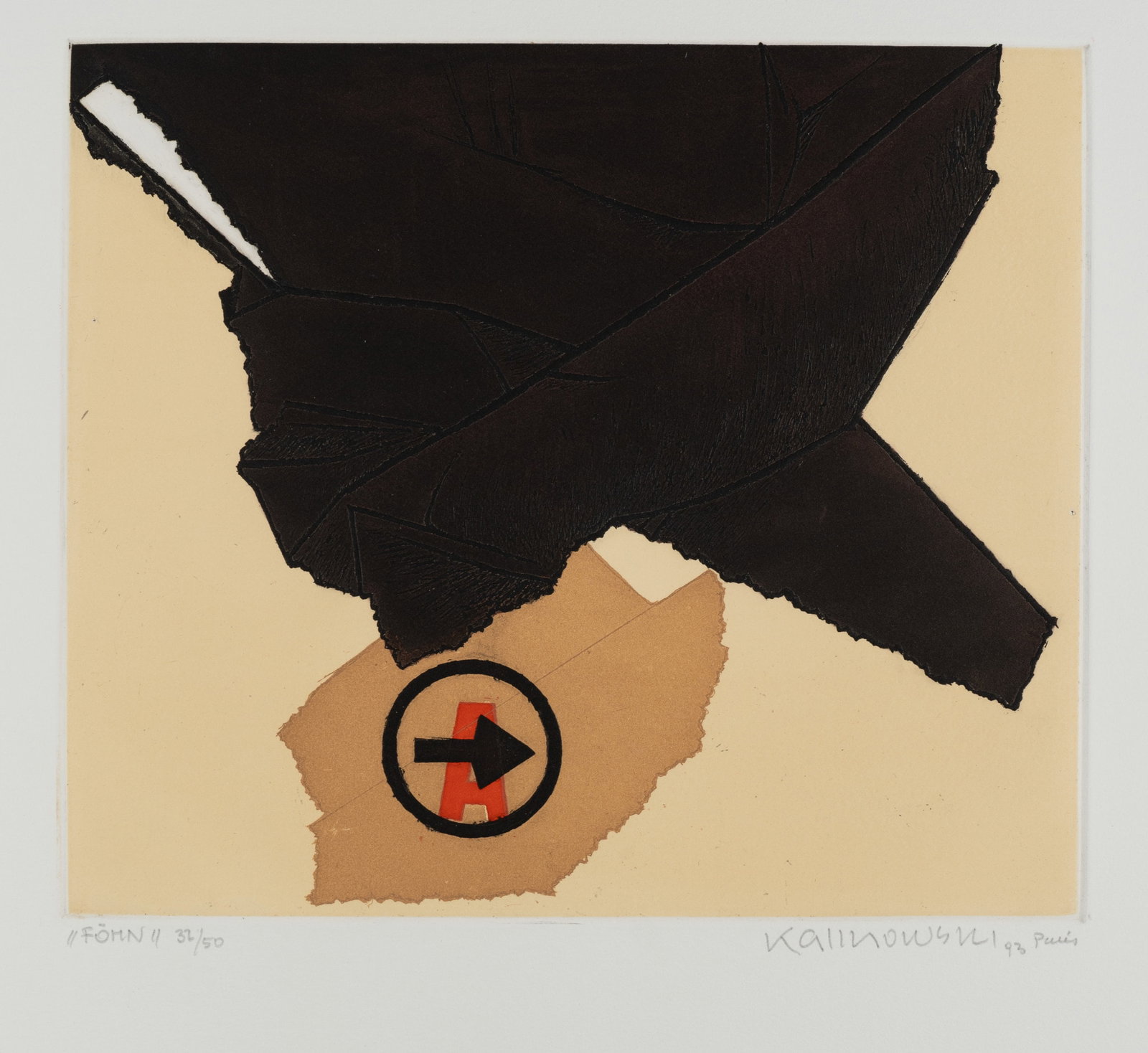 H. KALINOWSKI (*1924), Hairdryer, 1993, Etching: Horst Egon Kalinowski (1924 Dösseldorf - 2013 ibid.): Brown and black area with symbols on brown background, 1993, Etching Technique: EtchingLithography on Paper Inscription: At the lower part si