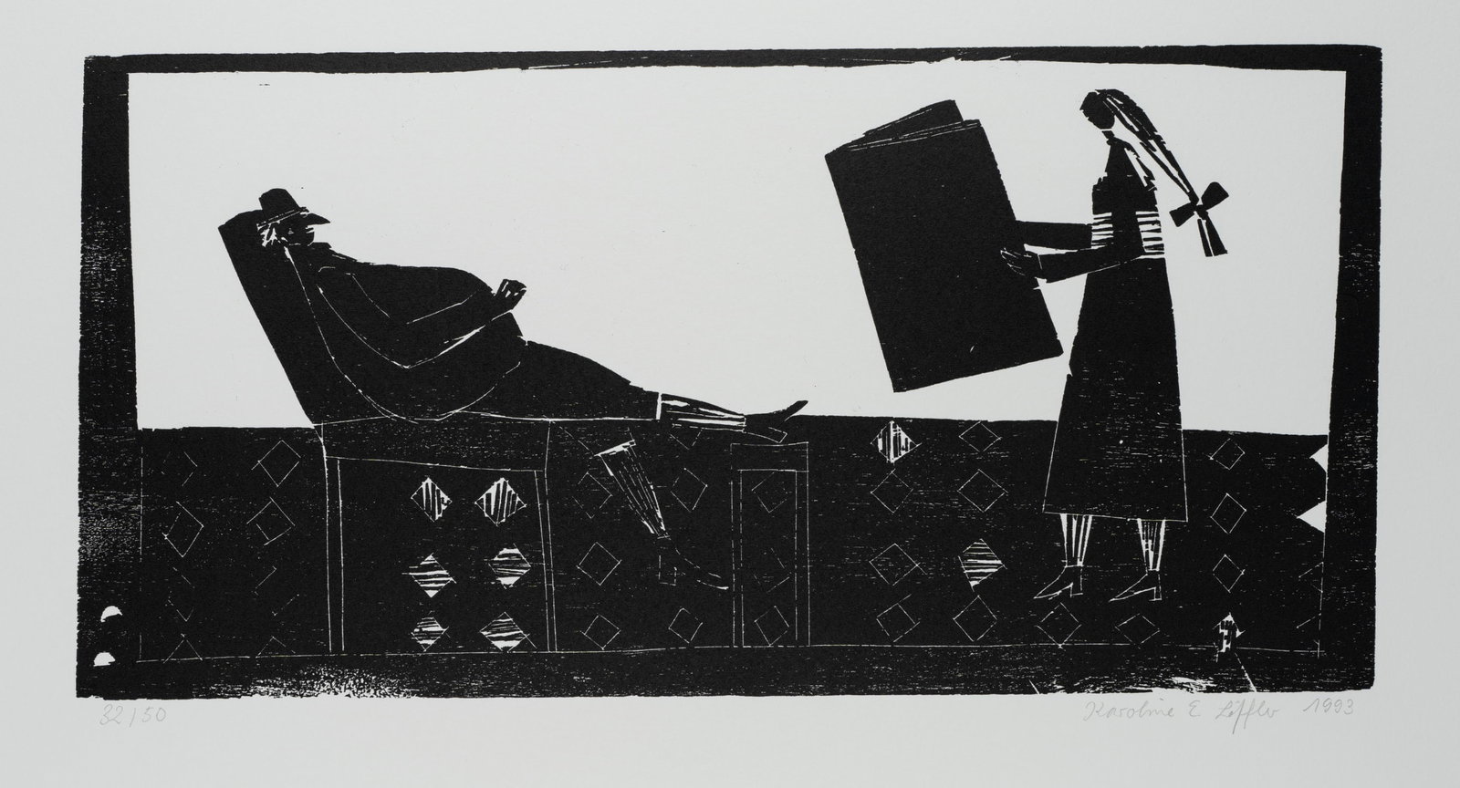 K. LÖFFLER (*1965), Girl with a book in front of a man in an armchair, after Brentano, 1993,: Karoline Elke Löffler (born 1965 Stuttgart): "Fairy Tale of the Last Thought" by Clemens Brentano Girl with a book in front of a man in an armchair, 1993, Woodcut Technique: Woodcut on Paper Wate
