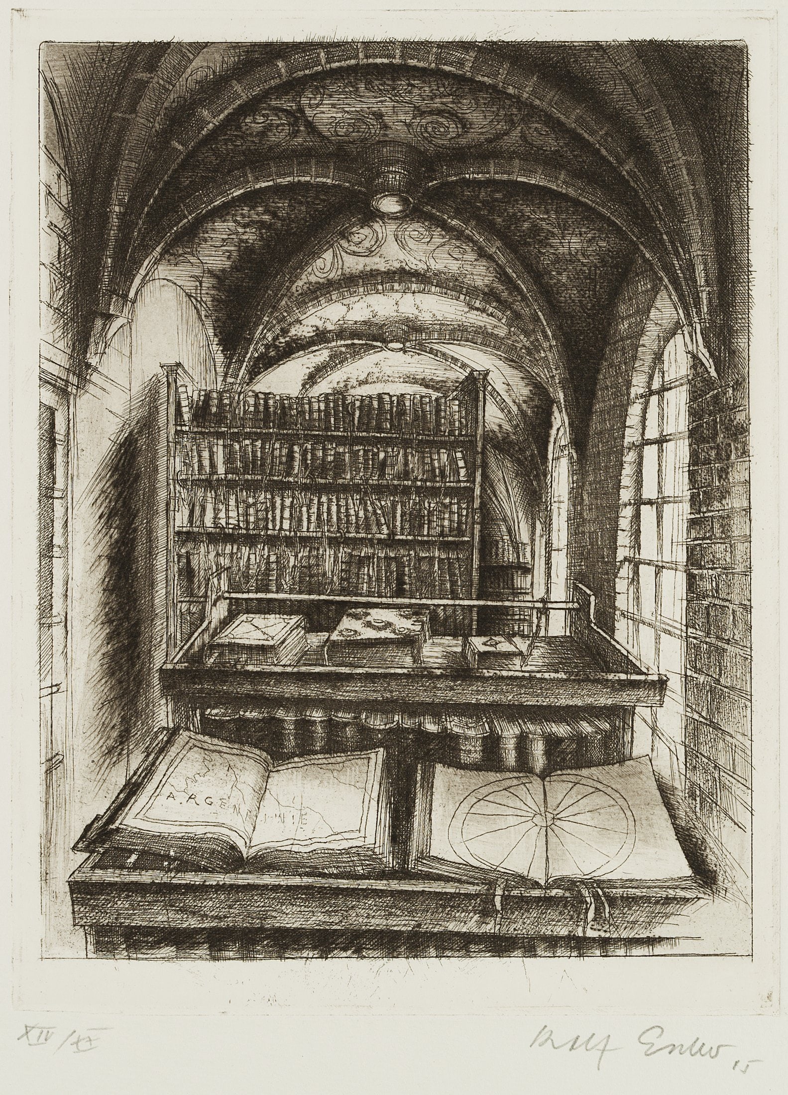 R. ESCHER (*1936), Lüneburg City Council Library, 2005, Etching: Rolf Escher (born 1936 Hagen): Lüneburg City Council Library, 2005, Etching Technique: Etching on Paper Inscription: Numbered in pencil below the image: "XIV/XX", inscribed in the centre: "Lü