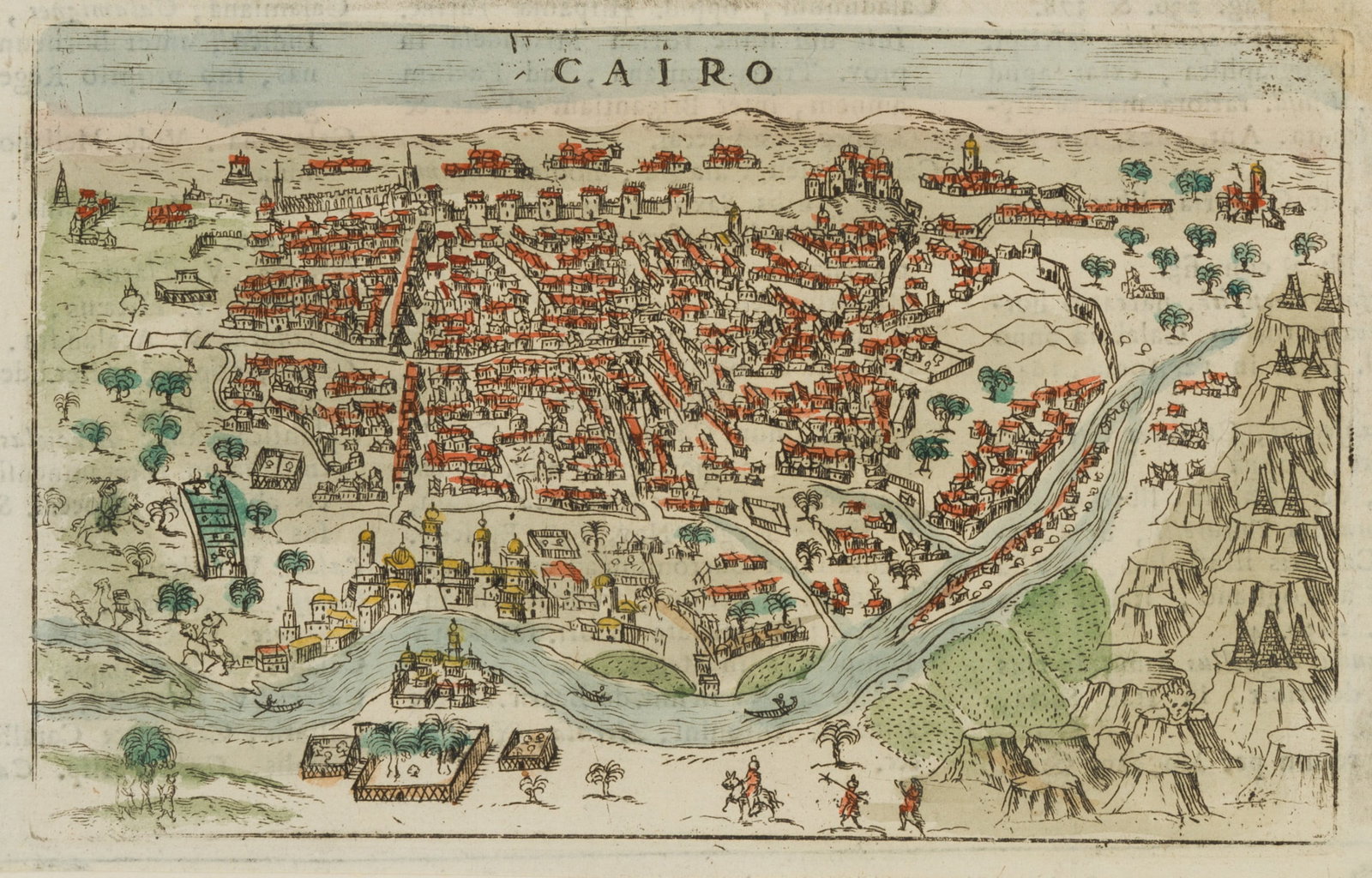 F. VALEGIO (*1560) after HOGENBERG (*1540), Bird's-eye view of Cairo, around 1595, Copper engraving: Francesco Valegio (1560 Bologna - after 1646 ) after Franz Hogenberg (before 1540 - 1590 ibid.): Bird show map of the city of Cairo, Egypt, c. 1595, Copper engraving Technique: Hand colored Copper eng