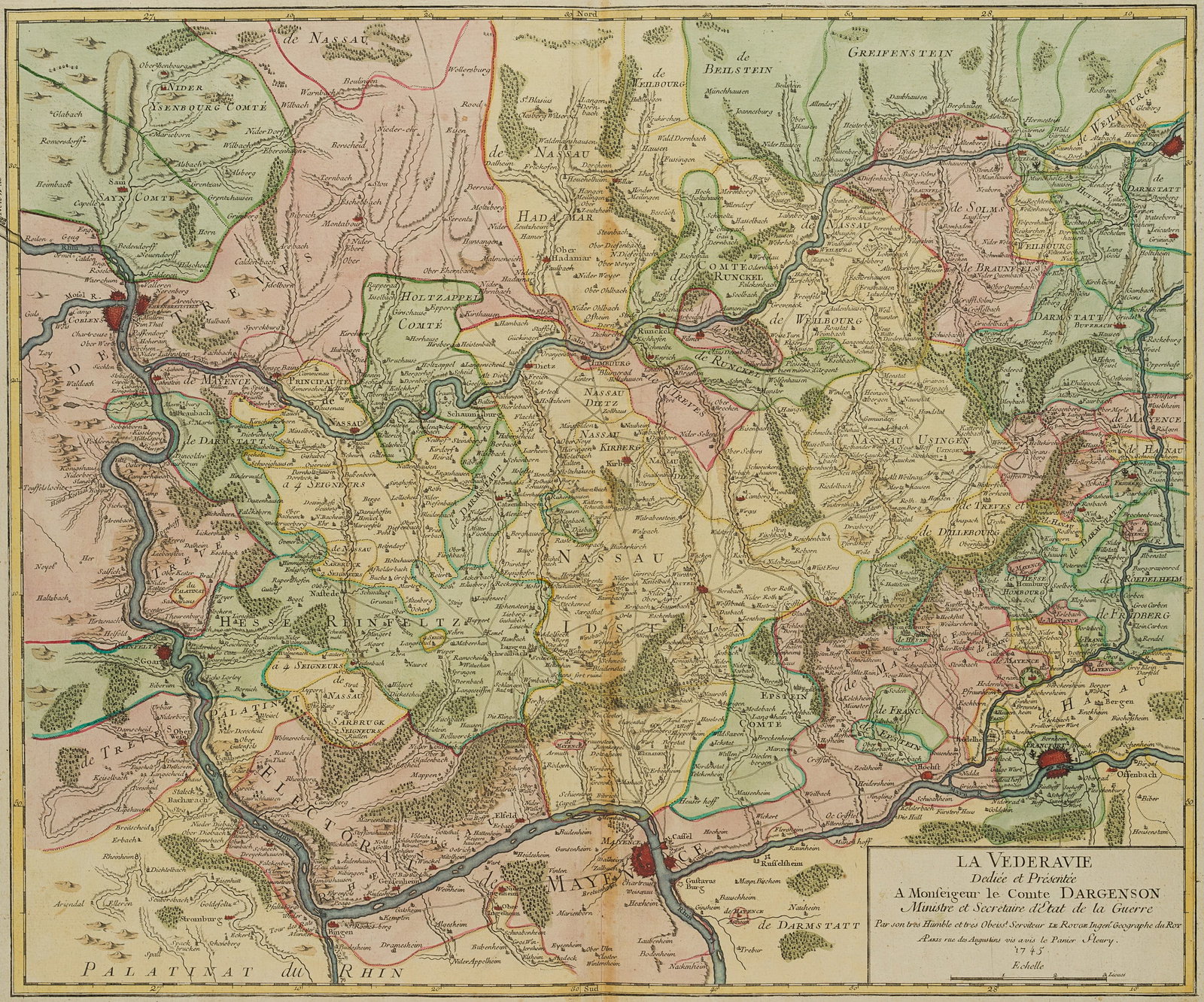 G. LE ROUGE (1712-1790), Map of the Wetterau with counties marked on it, 1745, Watercolor: Georges-Louis Le Rouge (1712 Hannover - 1790 ): Topographical map of the Wetterau with classification of the counties, Hesse, 1745, Watercolor Technique: Watercolor on Paper Inscription: Lower right i