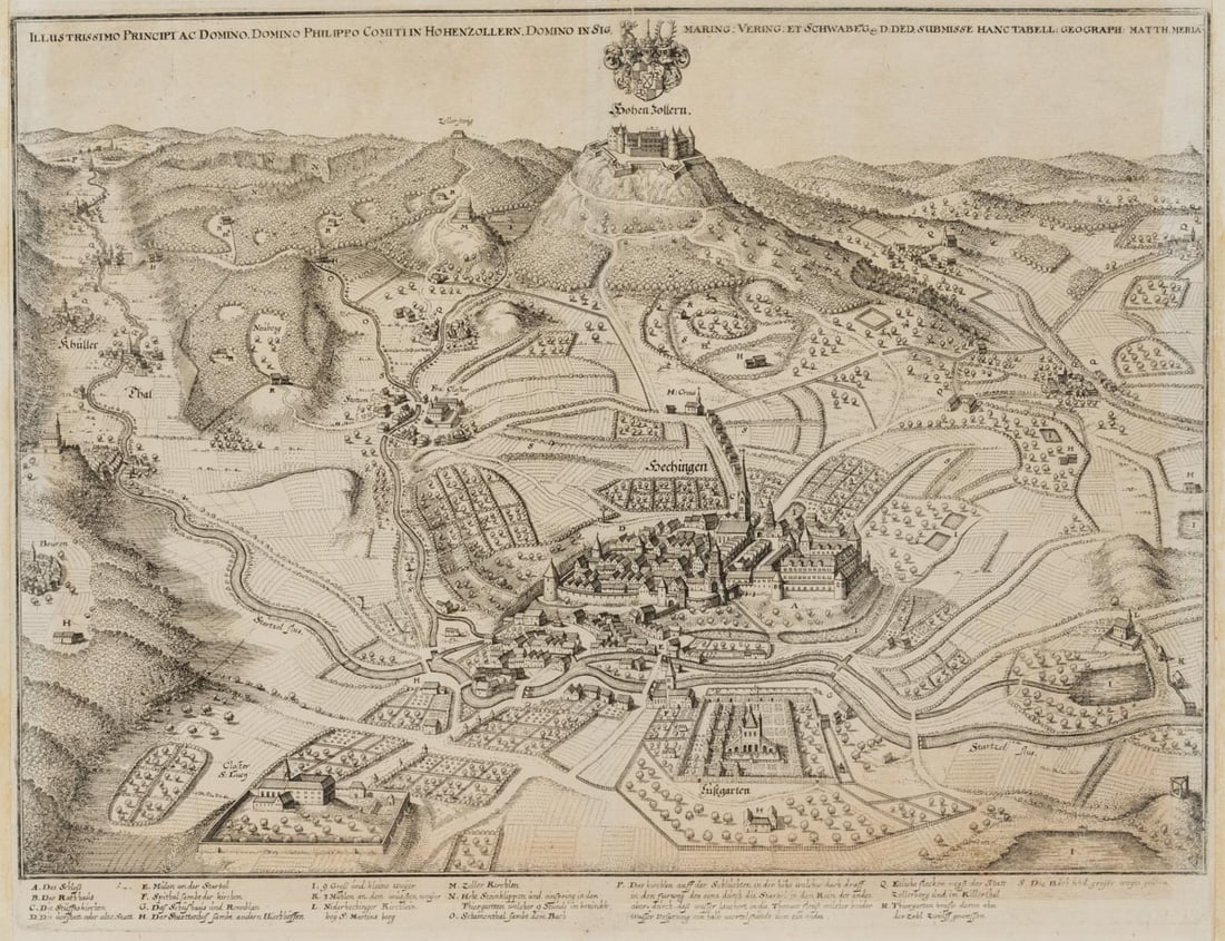 M. MERIAN (1621-1687), Hechingen and Hohenzollern Castle, Etching: Matthäus Merian (1621 Basel - 1687 Frankfurt on the Main): Hechingen and Hohenzollern Castle in the Swabian Alb, 18th century, Etching Technique: Etching on Paper Inscription: Dedicated at the to