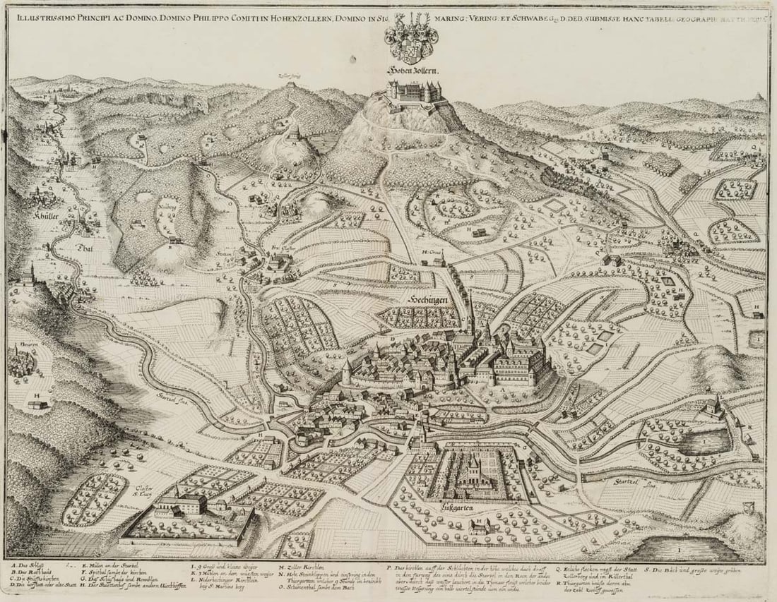 M. MERIAN (1621-1687), Hechingen and Hohenzollern Castle (2), Etching: Matthäus Merian (1621 Basel - 1687 Frankfurt on the Main): Hechingen and Hohenzollern Castle in the Swabian Alb(2), 18th century, Etching Technique: Etching on Paper Inscription: Dedicated at the