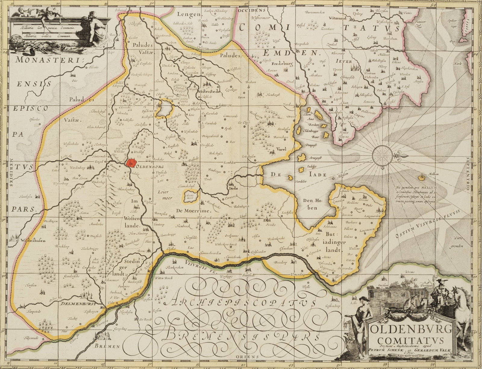 P. SCHENK (1660-1778), Map. County of Oldenburg, around 1700, Copper engraving: Peter Schenk (1660 Elberfeld - around 1778 Amsterdam): Topographical map of "Oldenburg Comitatus", County of Oldenburg between Weser Jever- and Wangerland, c. 1700, Copper engraving Technique: Hand co