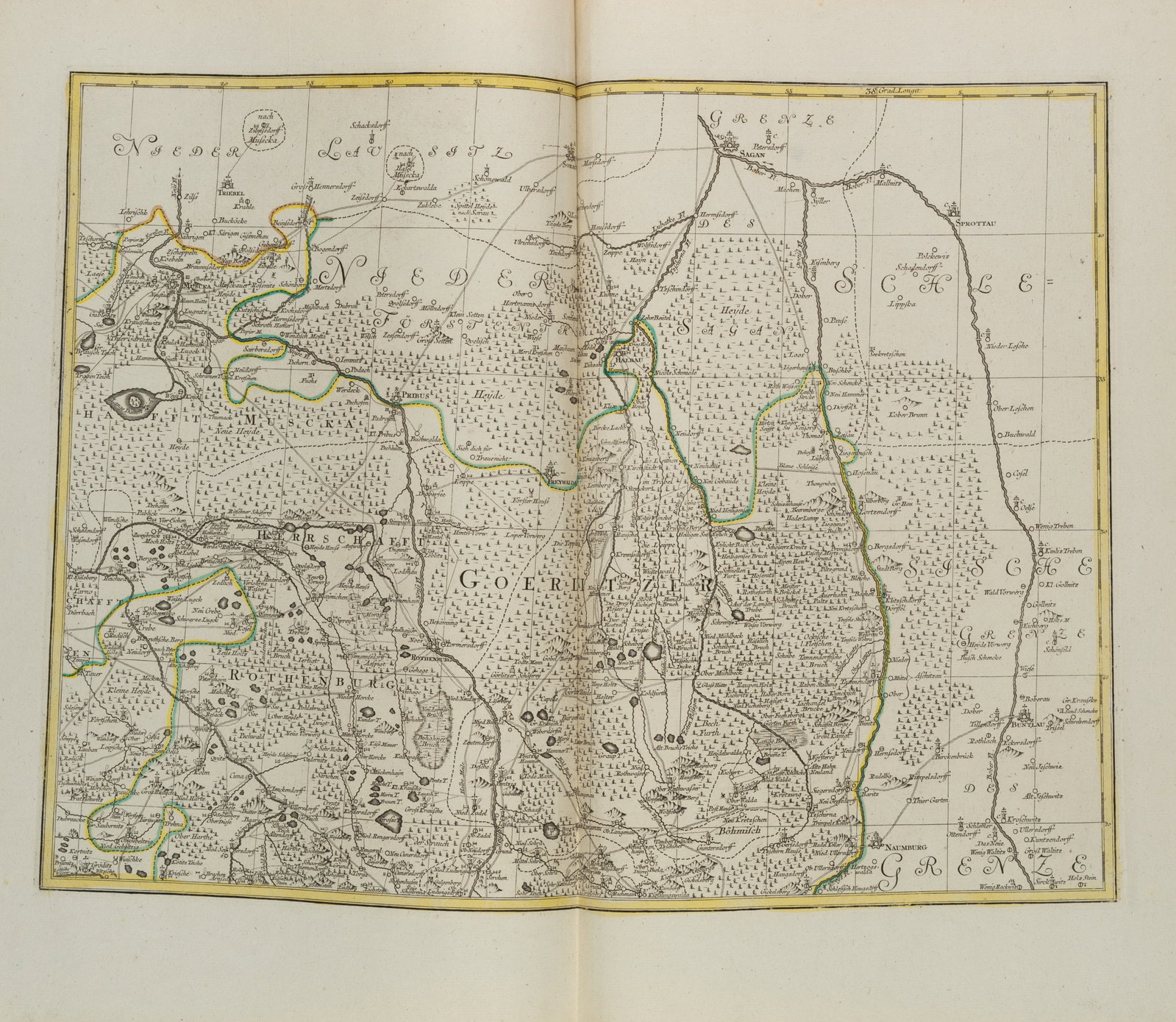 P. SCHENK (1660-1778), Map of the Margraviate of Upper Lusatia 2, Copper engraving: Peter Schenk (1660 Elberfeld - around 1778 Amsterdam): II The Goerlitzer "Geograph Delineation of the Margraviate of Upper Lusatia belonging to the Kuhrsächsische Landen" Part of the map of East 