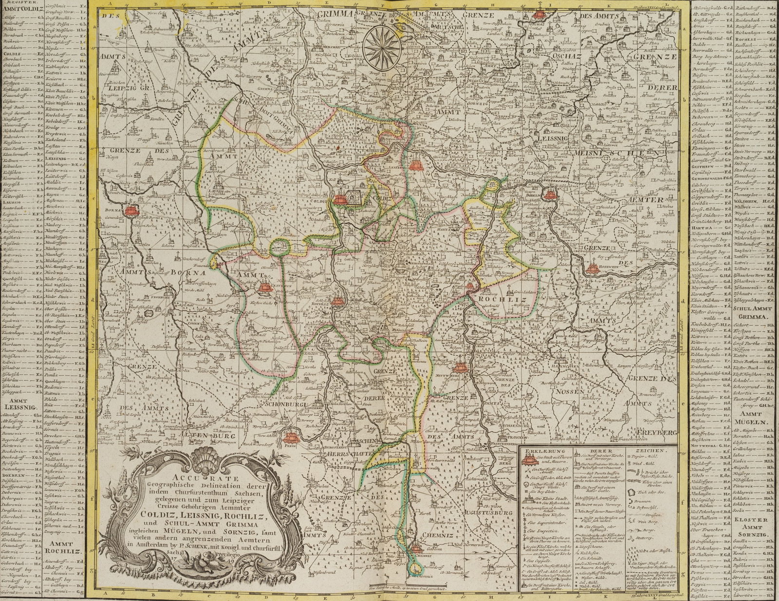 P. SCHENK (1660-1778), Map of Saxony, Leipzig districts, 1758, Copper engraving: Peter Schenk (1660 Elberfeld - around 1778 Amsterdam): "Accurate Geographical Delineation of the Aemmter Coldiz, Leissnig, Rochliz and Schul-Ammt Grimma, also Mügeln and Sornzig, located in the E