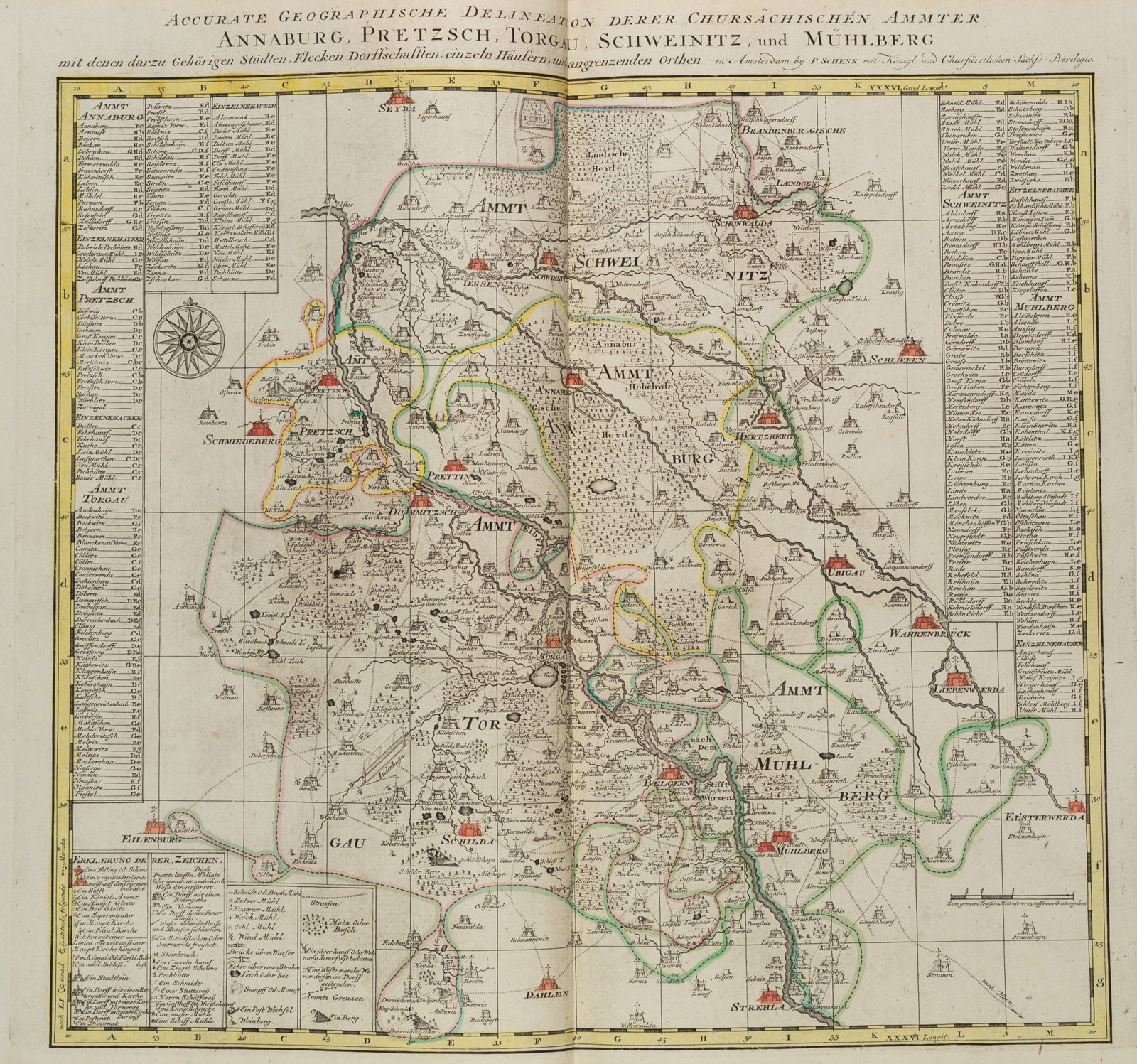 P. SCHENK (1660-1778), Map. Administrative districts of the Kingdom of Saxony, around 1750, Copper e: Peter Schenk (1660 Elberfeld - around 1778 Amsterdam): Map of the Electoral Saxon Offices of Annaburg, Pretzsch, Torgau, Schweinitz and Mühlberg, c. 1750, Copper engraving Technique: Hand colored