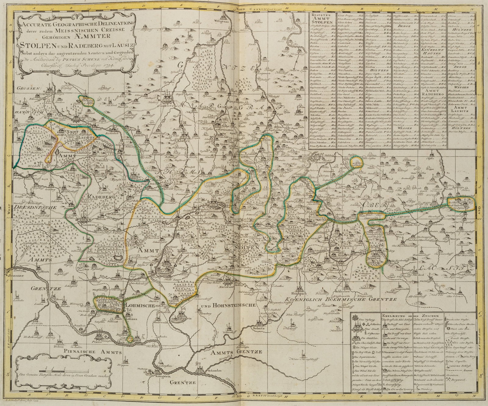 P. SCHENK (1660-1778), Map of the districts of Meissen, 1754, Copper engraving: Peter Schenk (1660 Elberfeld - around 1778 Amsterdam): Map of the Meissen districts Stolpen, Radeburg, Lusatia, 1754, Copper engraving Technique: Hand colored Copper engraving on Paper Inscription: Up