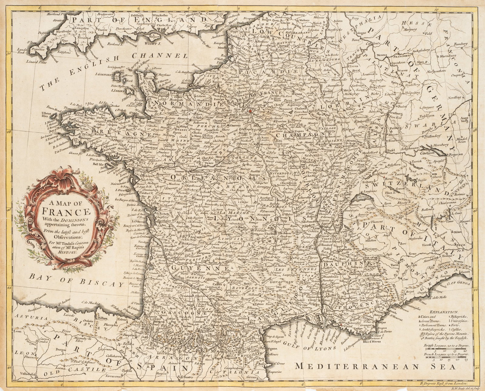 R. SEALE (18th), Topographical map of France, around 1765, Copper engraving (1 of 5)